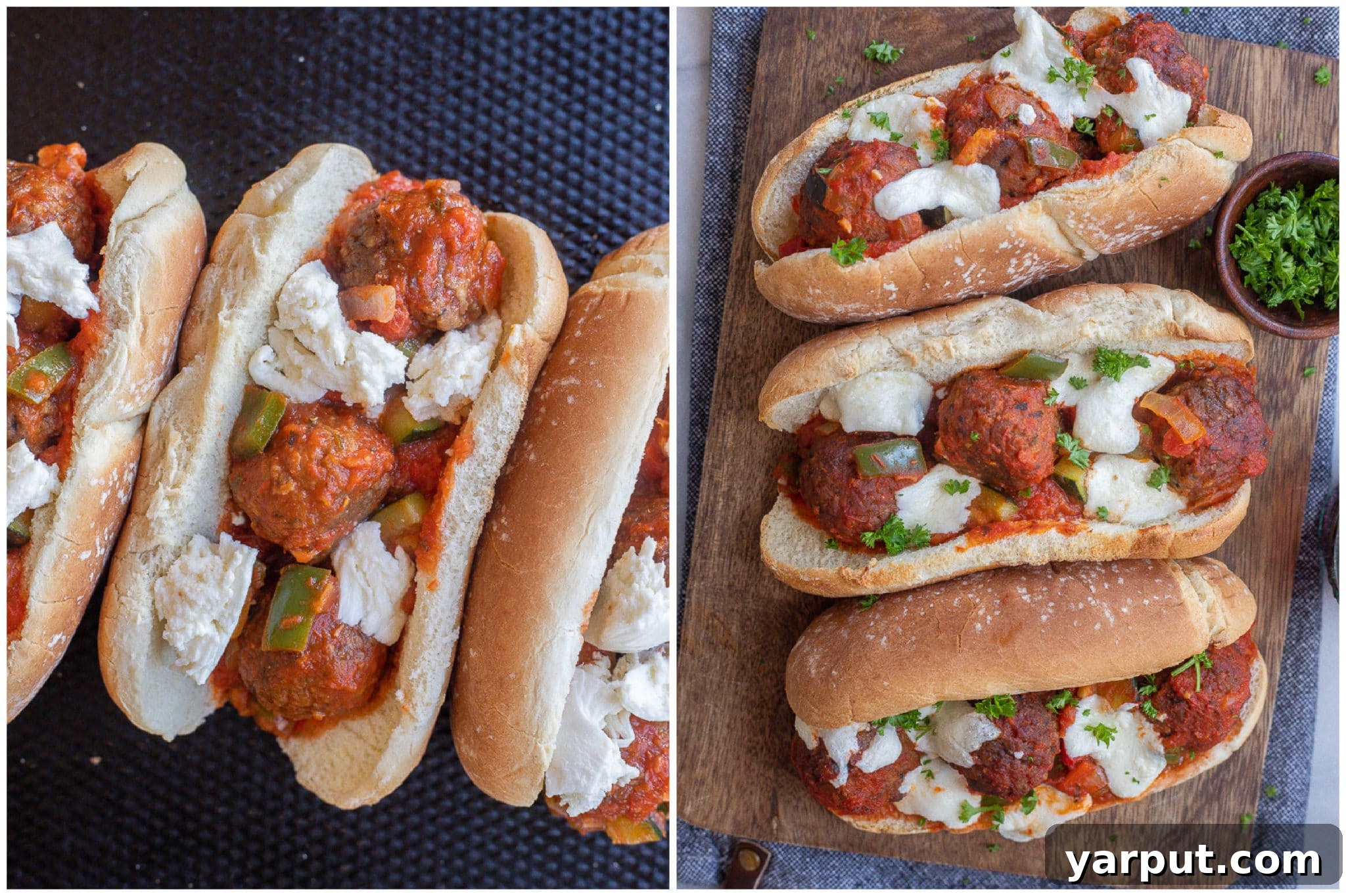 Hearty Plant-Based Meatball Subs 4 Comparison image showing vegetarian meatball sandwiches before baking with cheese, and after baking with melted, bubbly cheese and golden buns.