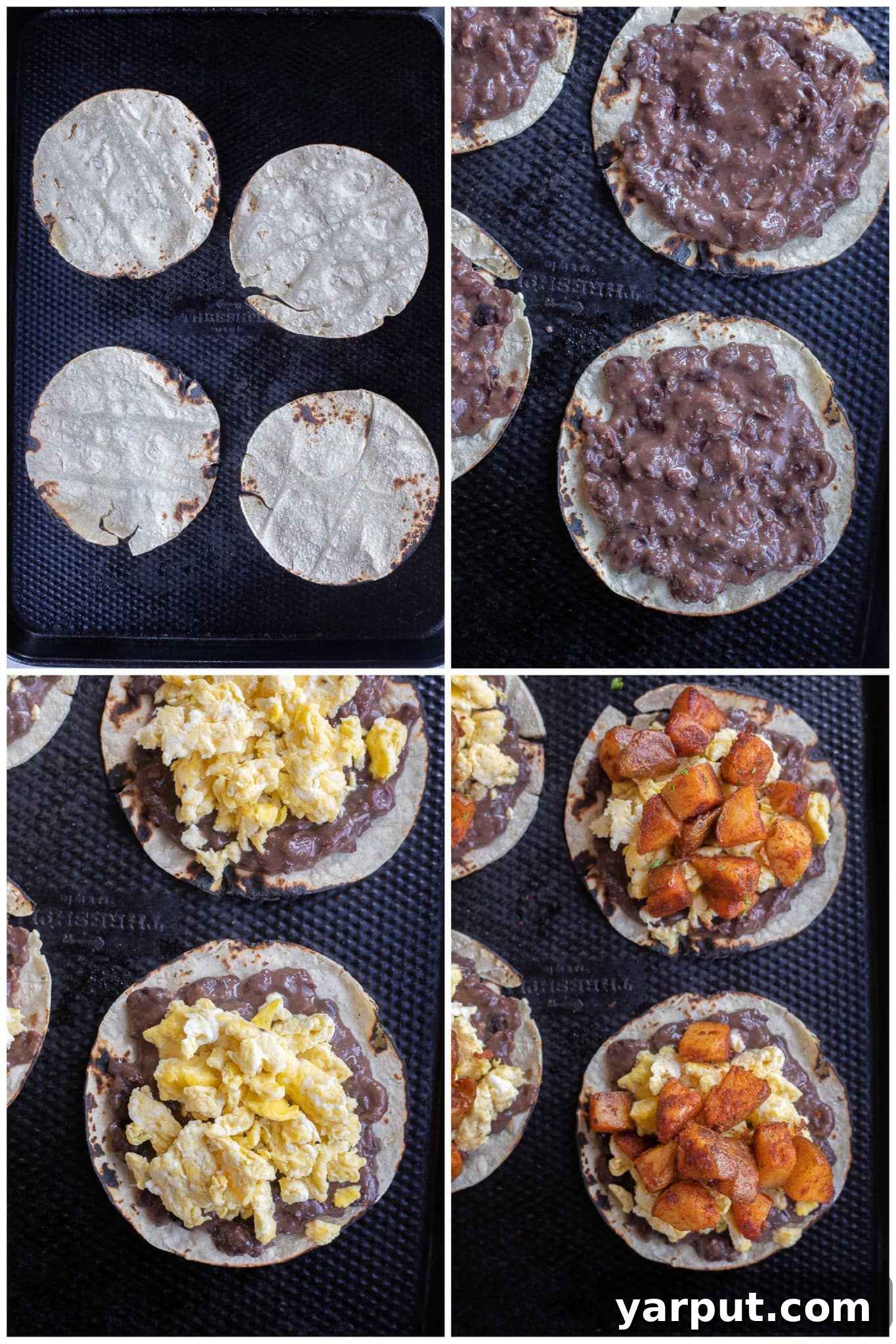 showing how to assemble these easy potato egg and cheese tacos for Mother's Day