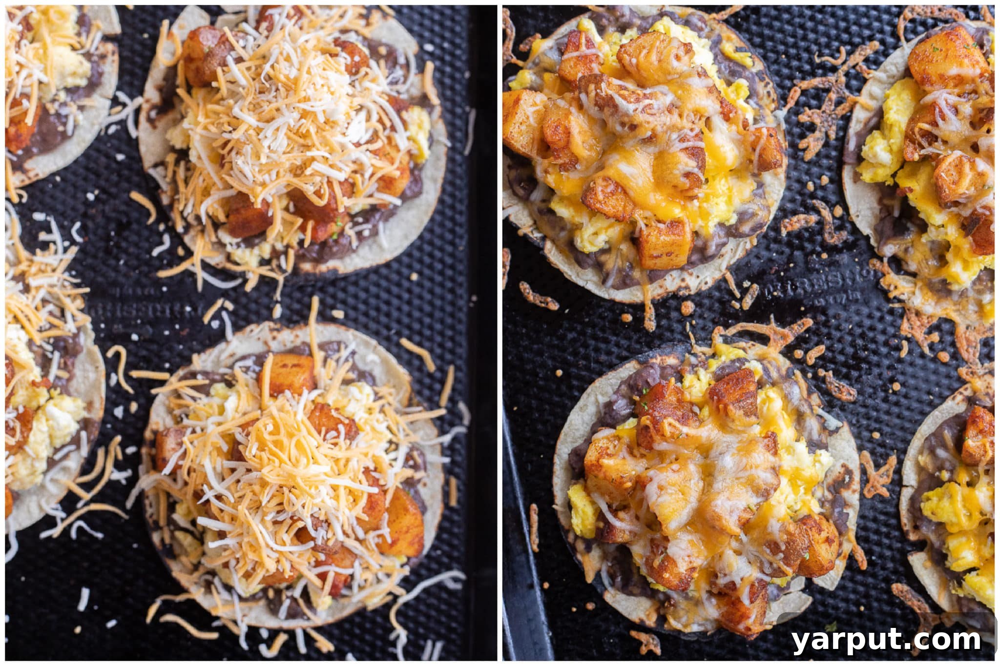 potato egg and cheese breakfast tacos before and after they have been baked