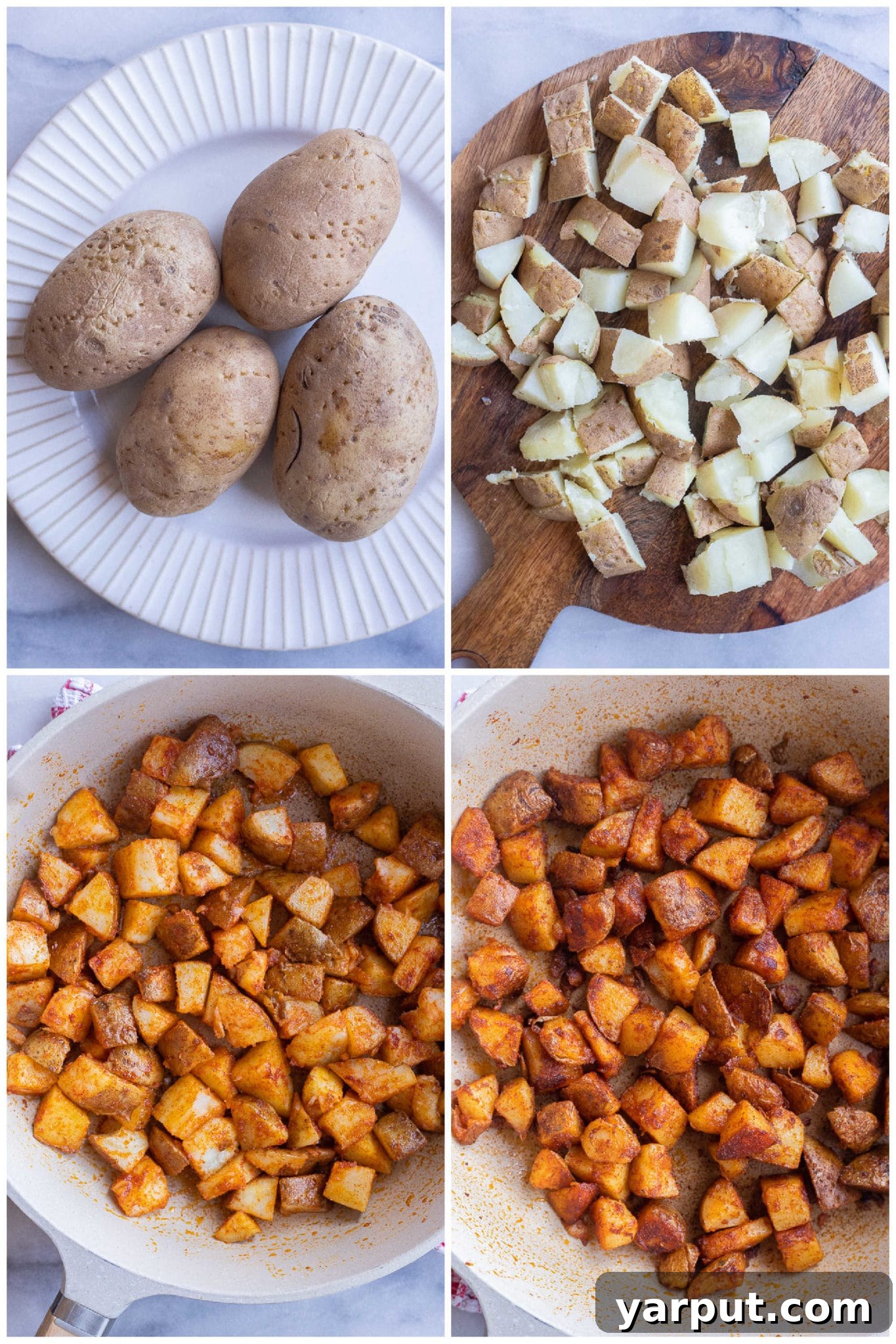 showing how to make quick and easy home fries with microwaved potatoes, diced and ready for the pan