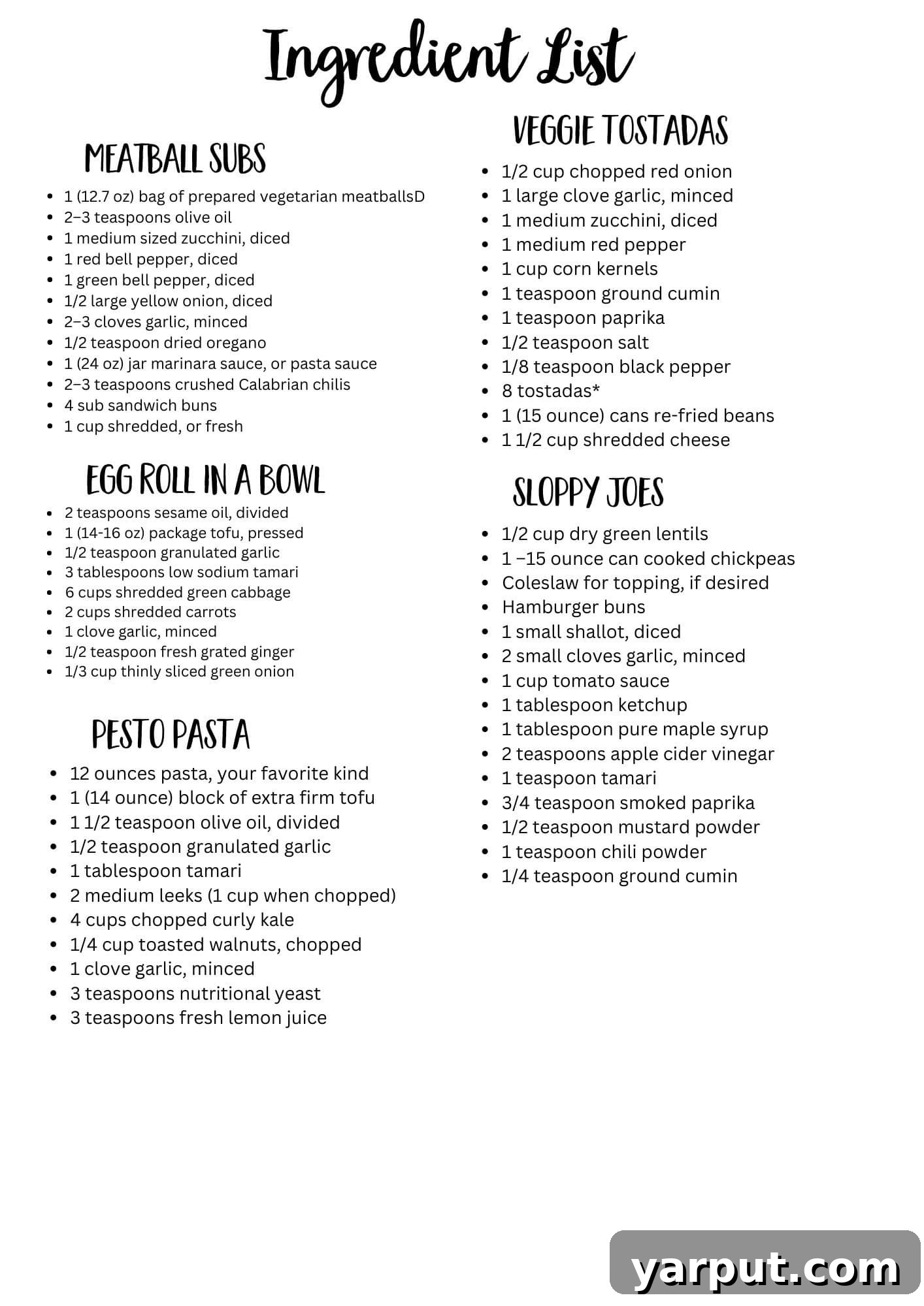 Budget-Friendly Vegetarian Meal Plan - Week 15 8 A printable ingredient list for the vegetarian meal plan, showing a clear layout of items needed for the week.
