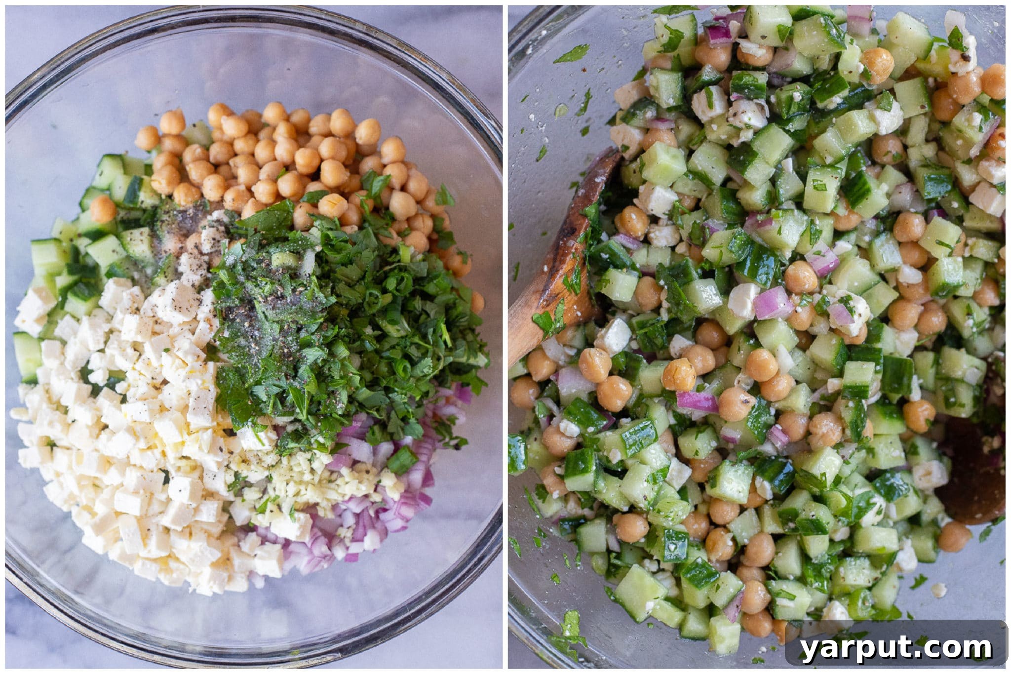 Fresh Herby Cucumber, Feta, and Chickpea Salad 4 Preparing the Herby Cucumber Salad: a shot showing diced cucumbers, chickpeas, feta, red onion, and herbs gathered in a large mixing bowl before the dressing is added.
