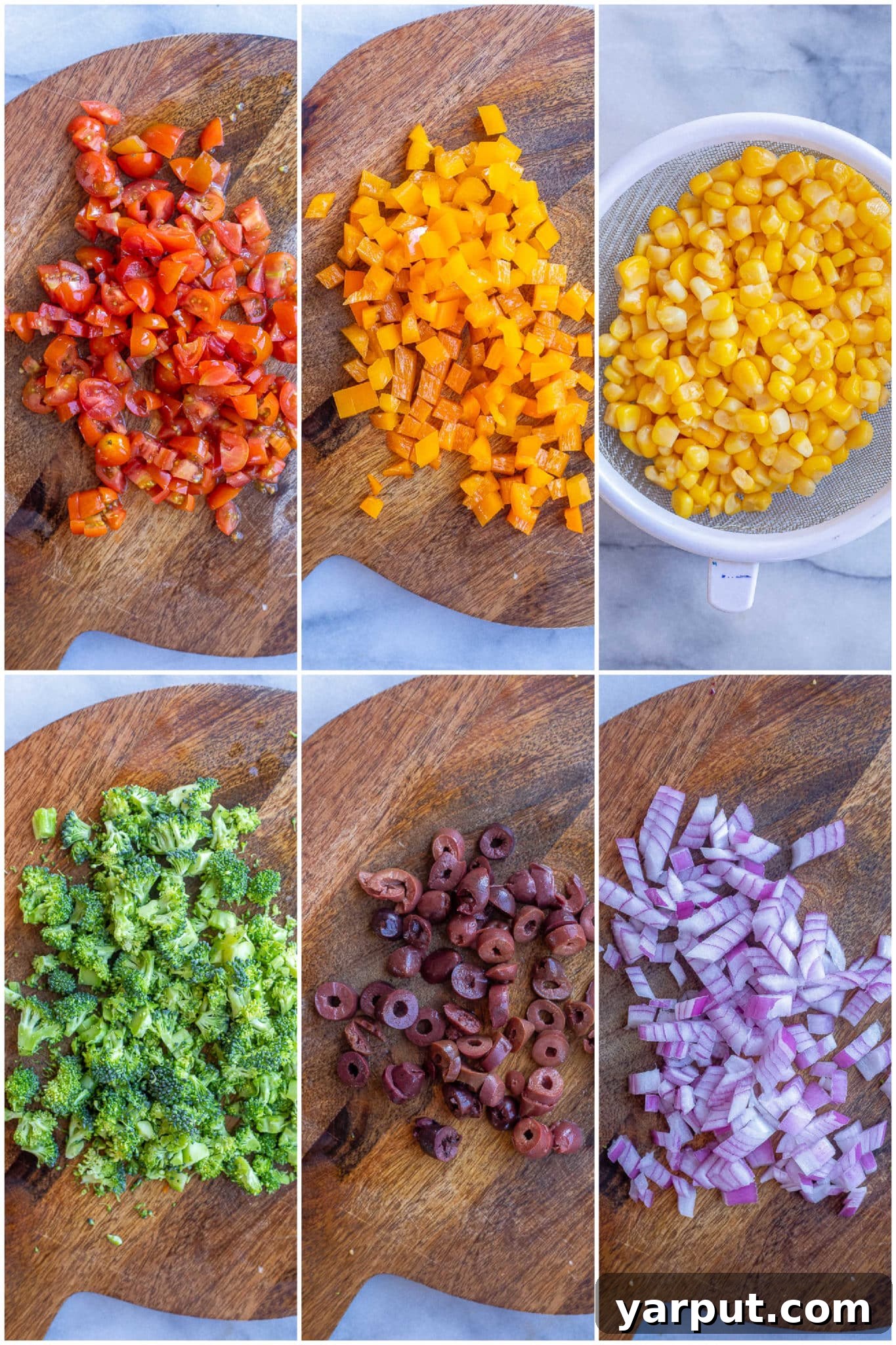 Kaleidoscope Veggie Pizza 3 A colorful array of fresh, vibrant vegetables meticulously arranged on a cutting board, ready to be used for the rainbow veggie pizza. The selection includes bright red tomatoes, cheerful orange bell peppers, golden corn kernels, verdant broccoli florets, deep purple kalamata olives, and thinly sliced red onion.