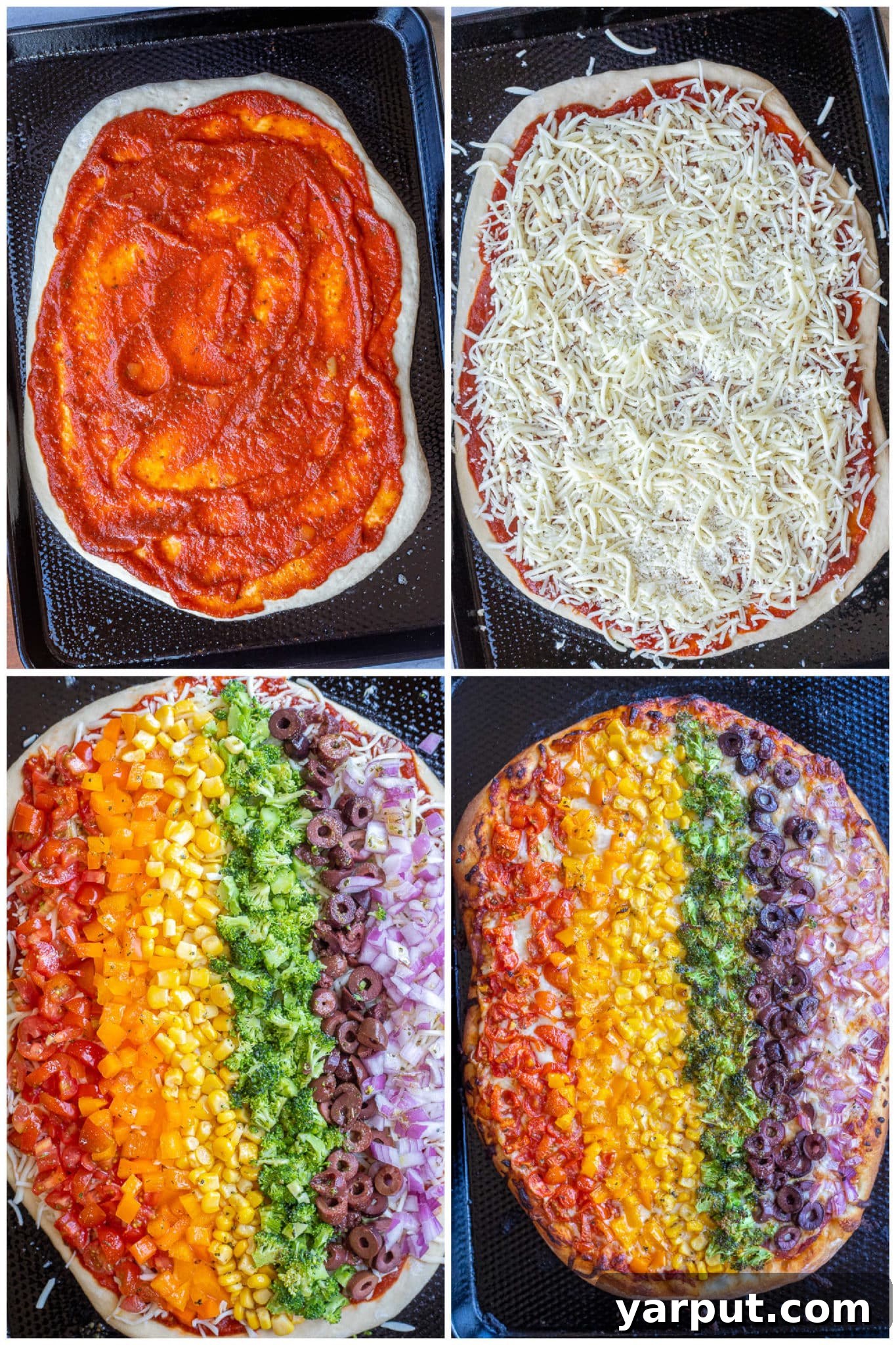 Kaleidoscope Veggie Pizza 4 Hands carefully arranging colorful vegetables in an arc on a pizza dough base, demonstrating the process of making this kid-friendly rainbow veggie pizza recipe. The base is spread with marinara sauce and cheese, and various vegetables are being placed in their respective color zones.