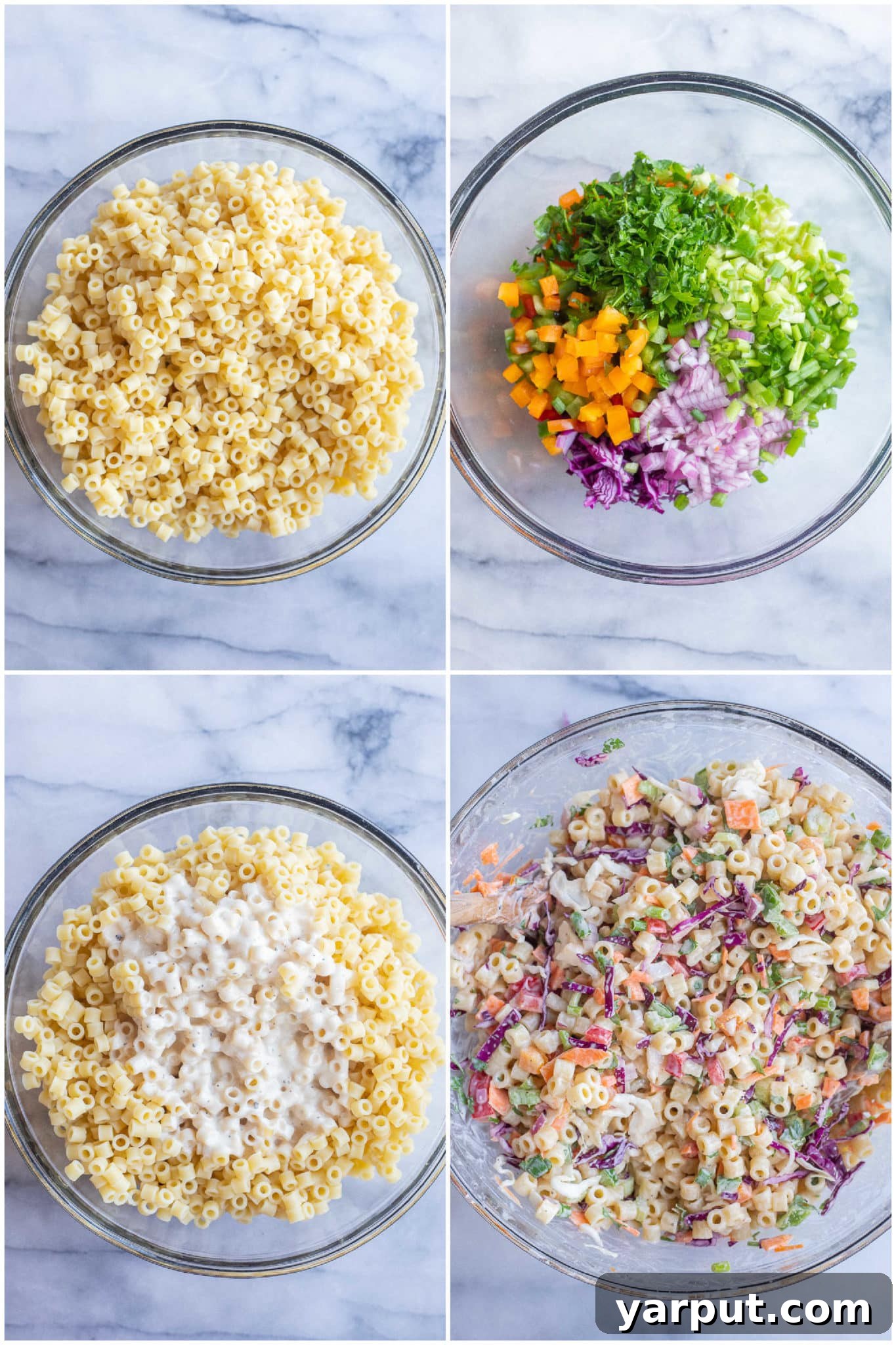 showing how to make this easy macaroni salad with veggies, fresh ingredients displayed