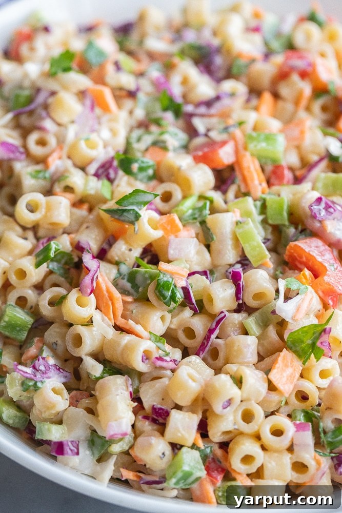 close up of a bowl of creamy macaroni coleslaw salad, ready to be served