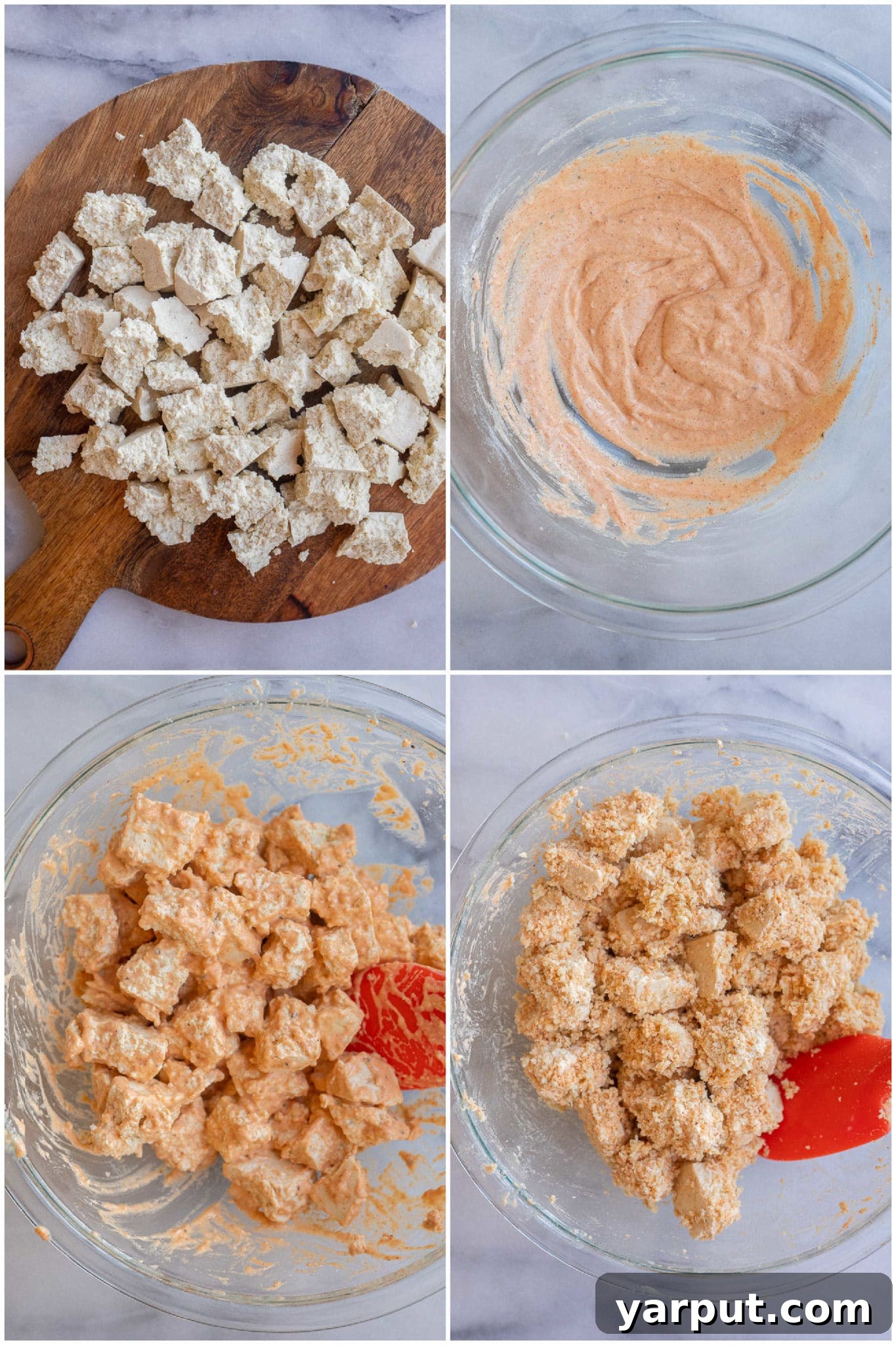 Bold Buffalo Crispy Tofu Tacos 3 Step-by-step guide showing how to prepare crispy buffalo tofu bites for tacos