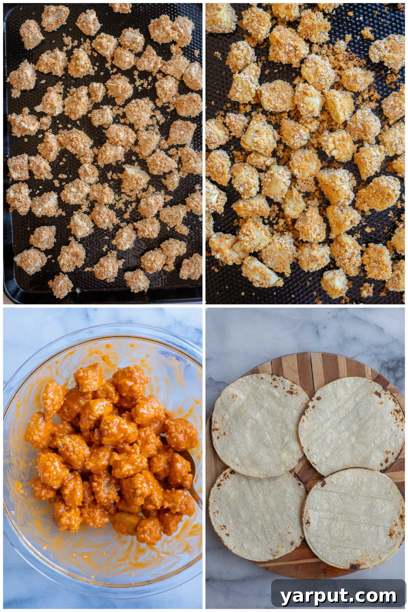 Bold Buffalo Crispy Tofu Tacos 4 Detailed process of assembling crispy buffalo tofu tacos with various fresh toppings
