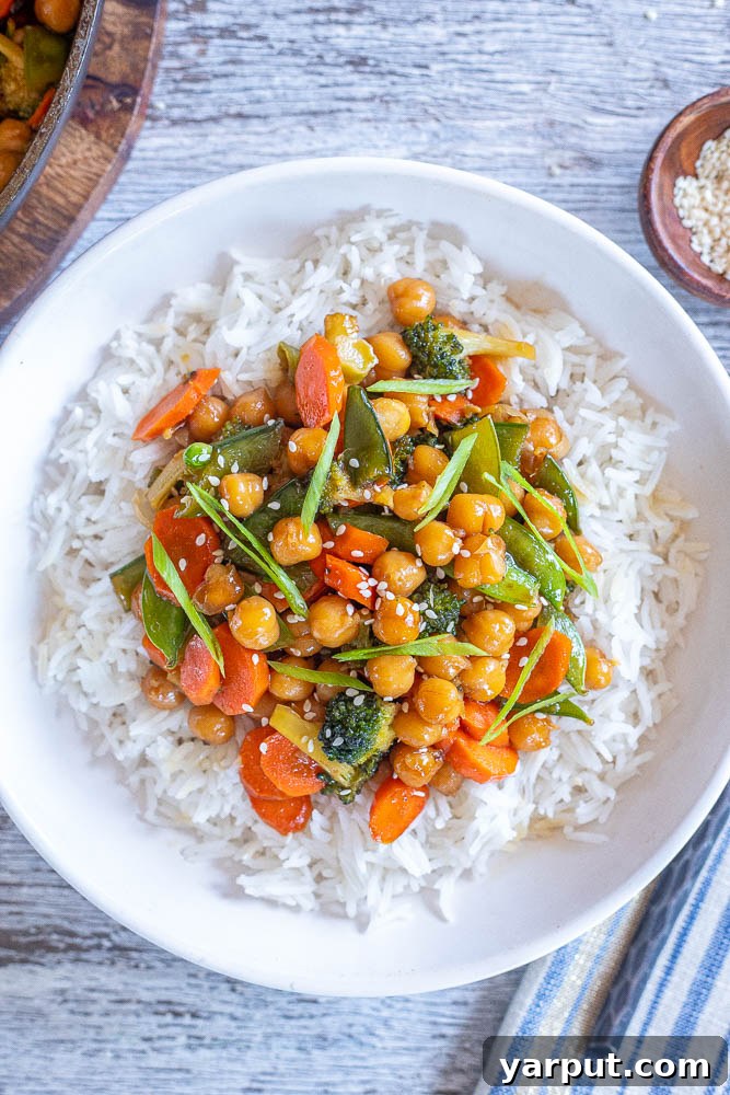 Thrifty & Tasty: Week 16 Vegetarian Meal Guide 5 Honey Garlic Chickpeas with a medley of colorful vegetables