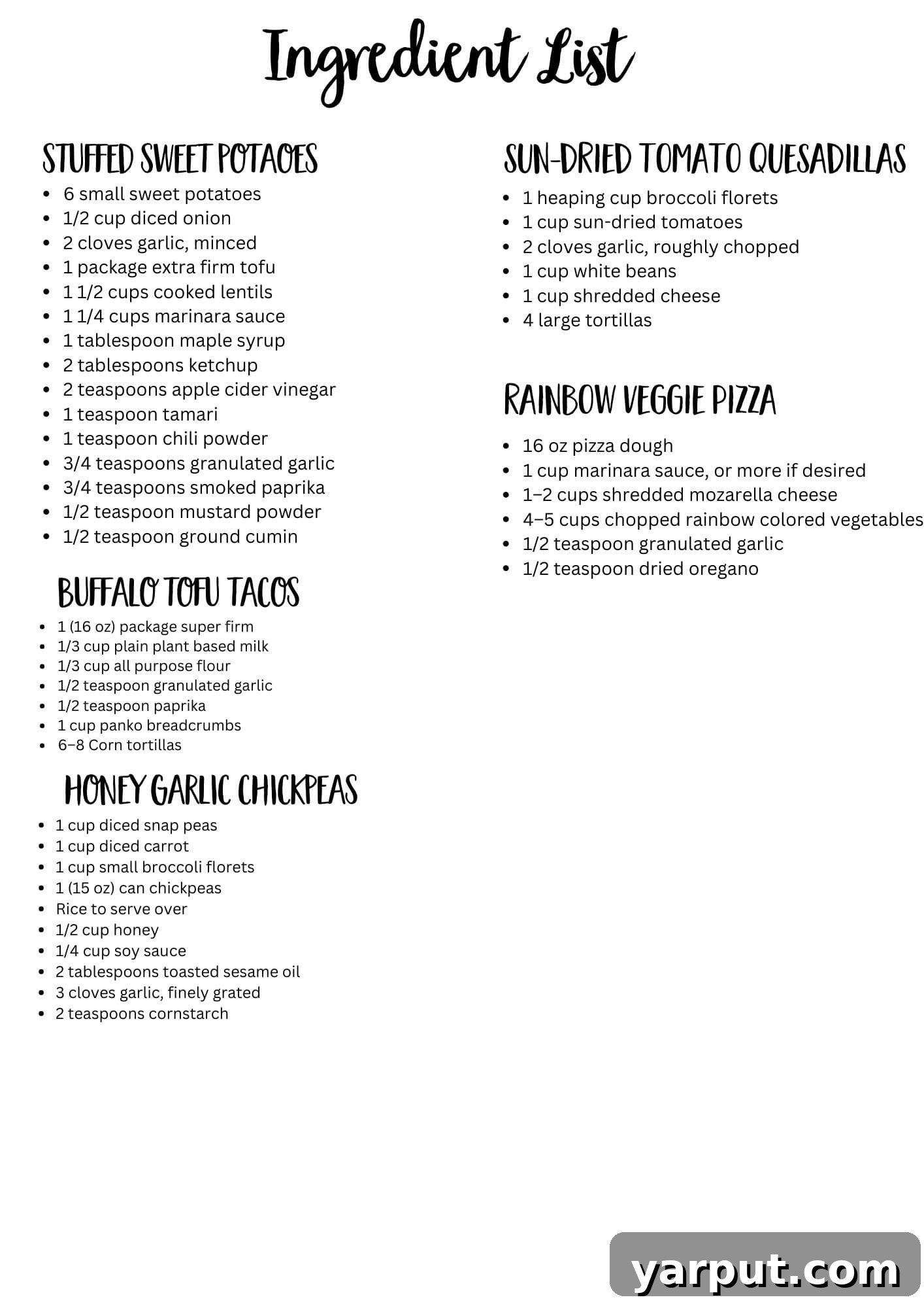 Thrifty & Tasty: Week 16 Vegetarian Meal Guide 8 Printable ingredient list for the weekly vegetarian meal plan