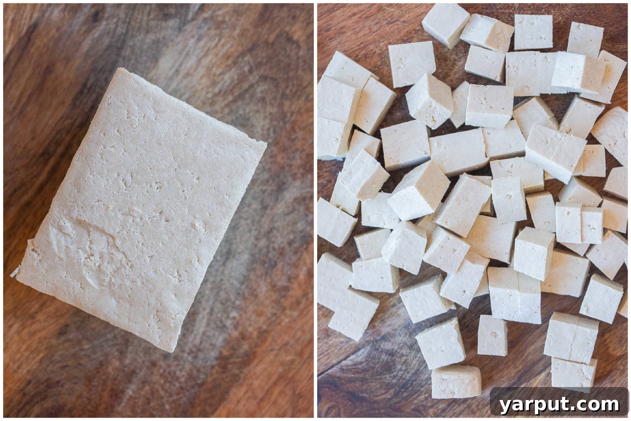 Golden Crispy Pan-Fried Tofu 3 Block of super firm tofu shown before and after being cut into uniform cubes for pan-frying.