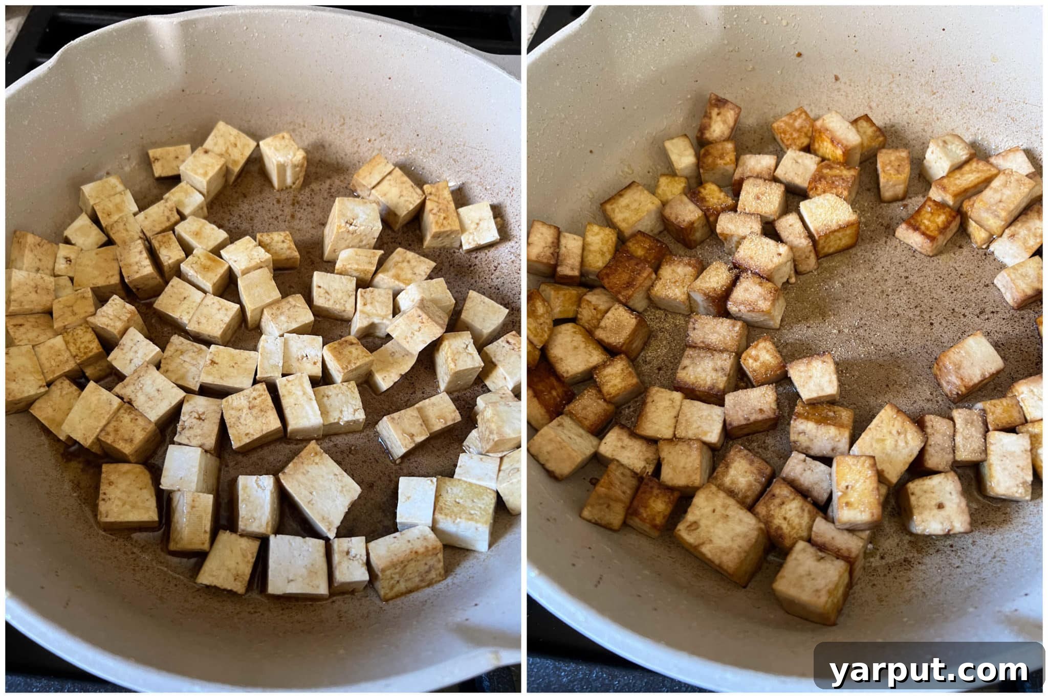 Golden Crispy Pan-Fried Tofu 4 Easy tofu recipe being seasoned in a hot pan with soy sauce and granulated garlic, creating a delicious aroma.