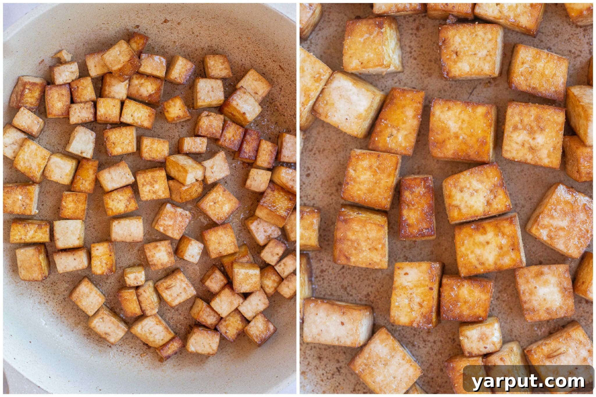 Golden Crispy Pan-Fried Tofu 5 Golden-brown, perfectly pan-fried tofu in a non-stick skillet, showcasing its crispy texture.