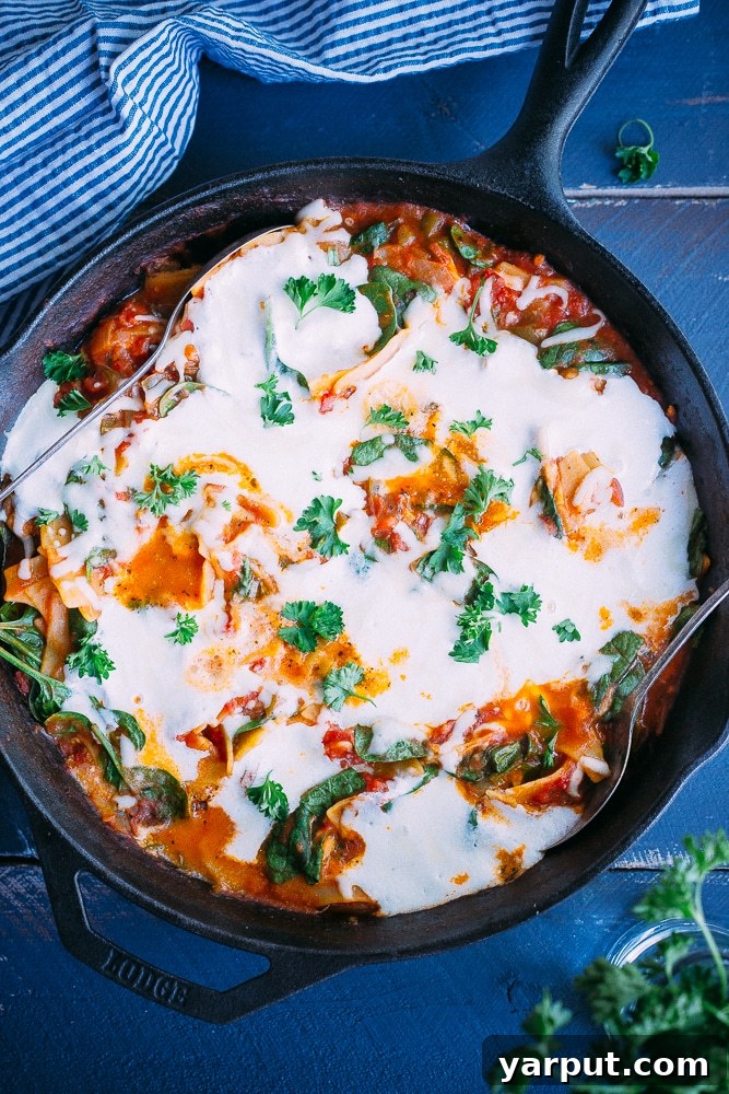 Affordable Vegetarian Eats: Week 17 Menu 6 One Pan Stove Top Healthier Lasagna in a large skillet