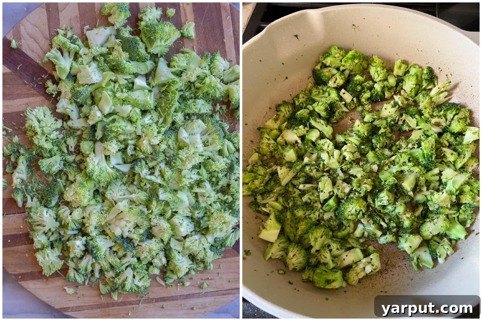 Vibrant Pesto Pasta with Broccoli and Cannellini Beans 3 Chopped broccoli before and after cooking, ready for the pesto pasta