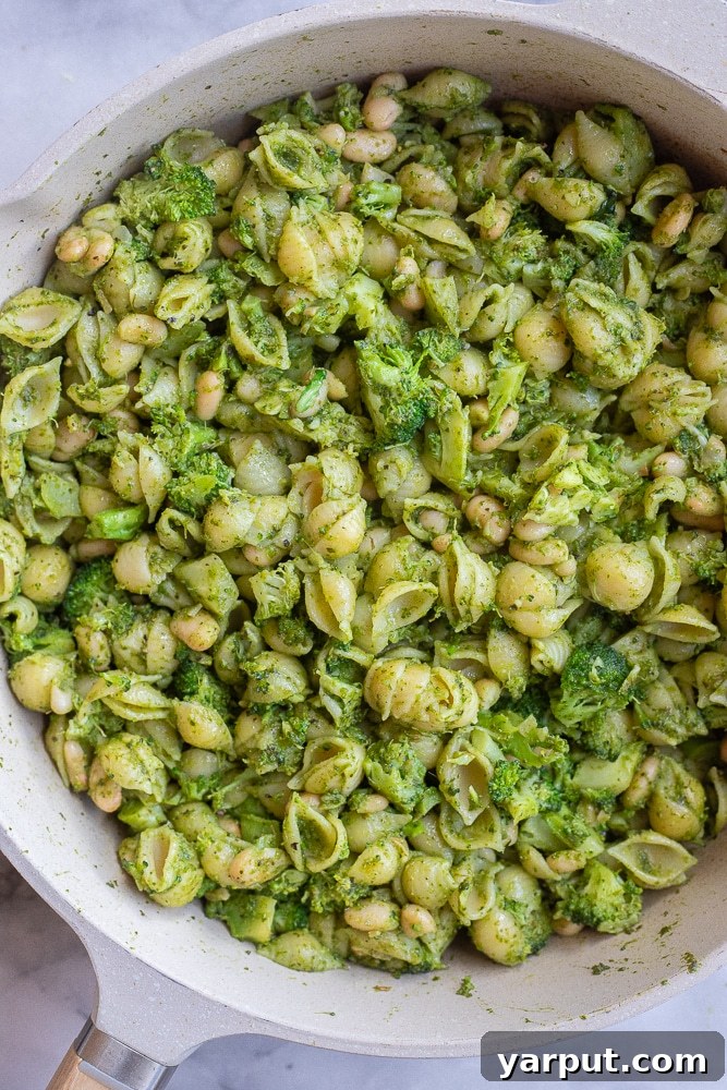 Vibrant Pesto Pasta with Broccoli and Cannellini Beans 4 Finished pesto pasta with broccoli and white beans in a pan, ready to serve