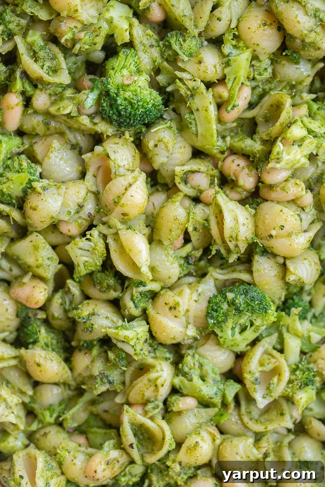 Vibrant Pesto Pasta with Broccoli and Cannellini Beans 5 Close-up view of vegan pesto pasta with white beans in a bowl