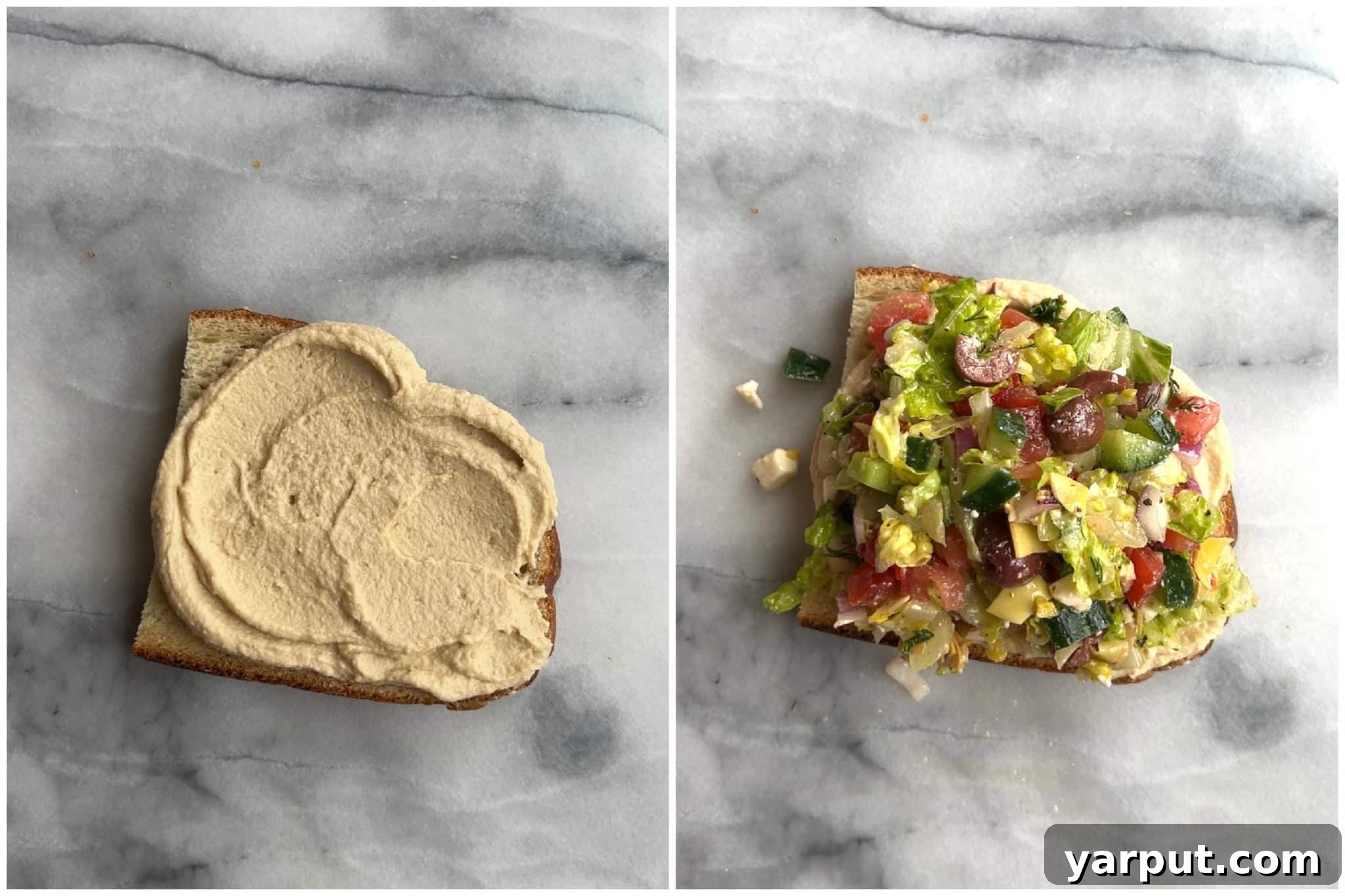 Zesty Greek Hummus Sandwiches 4 Hands assembling a Greek Salad Sandwich, spreading hummus on bread and topping with the vibrant salad mixture.