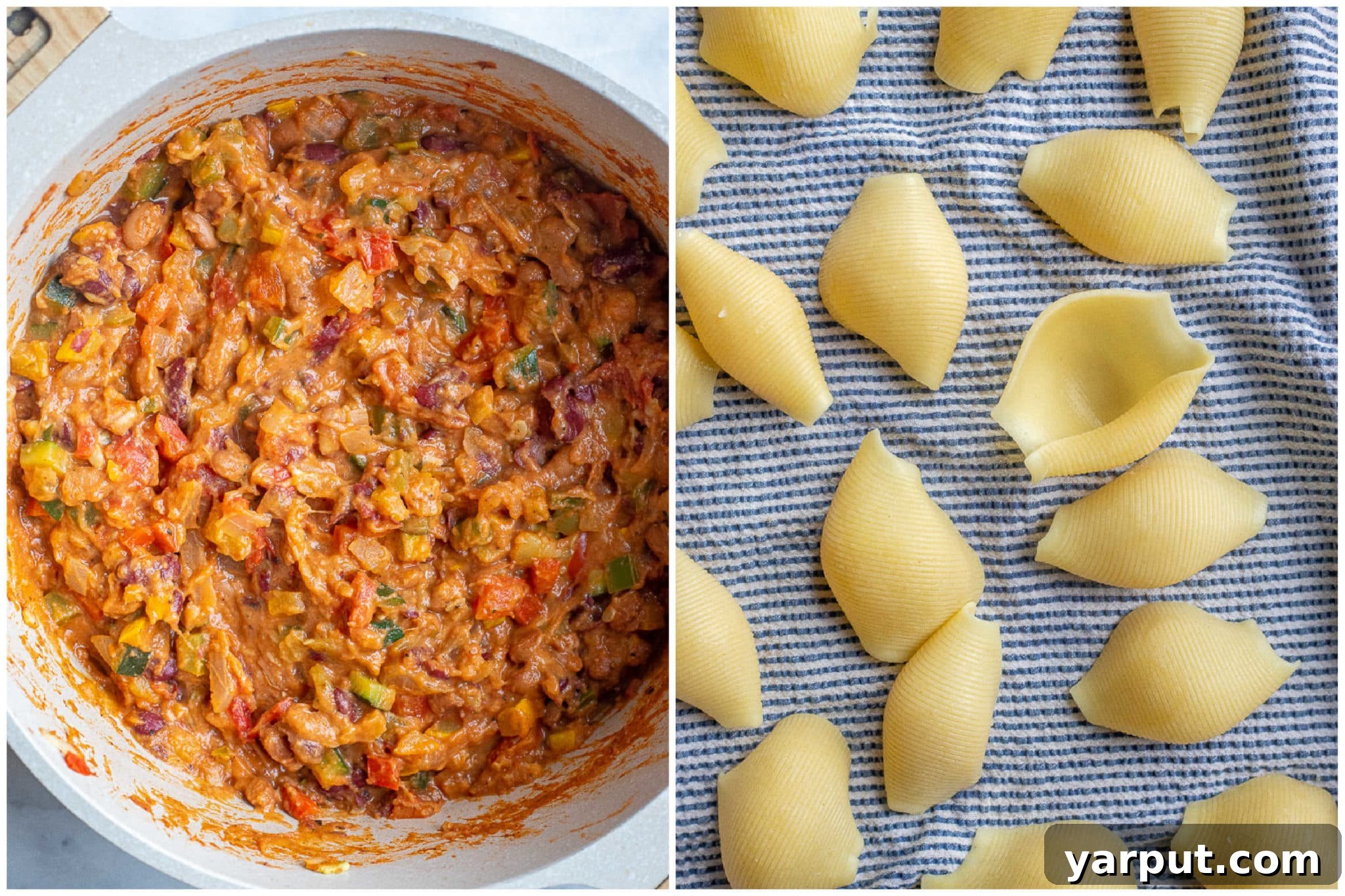 Close-up of creamy, cheesy vegetarian chili simmering in a pot and cooked pasta shells cooling on a rack