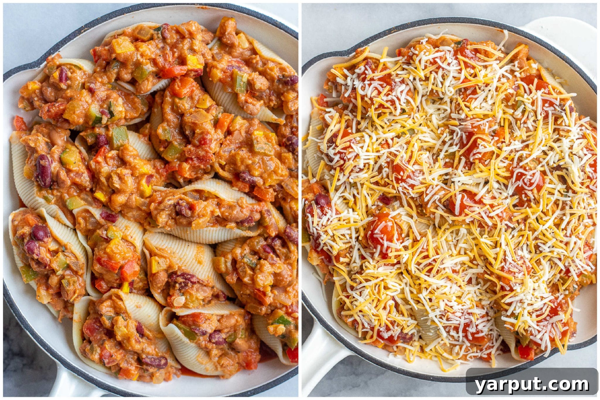 Process of making chili cheese stuffed shells, showing cooked shells and chili filling