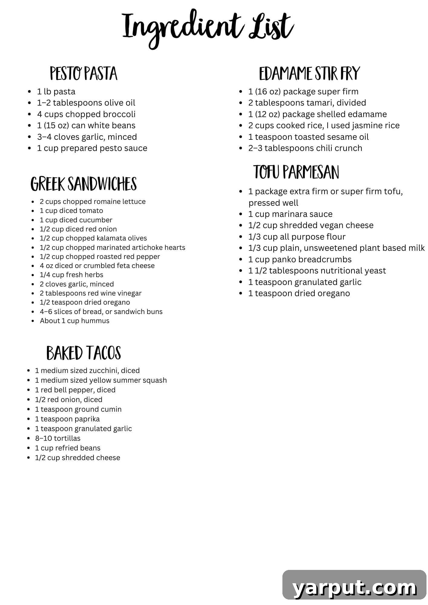 Pocket-Friendly Plant-Based Meals - Week 18 8 Printable weekly meal plan ingredient list for easy grocery shopping.
