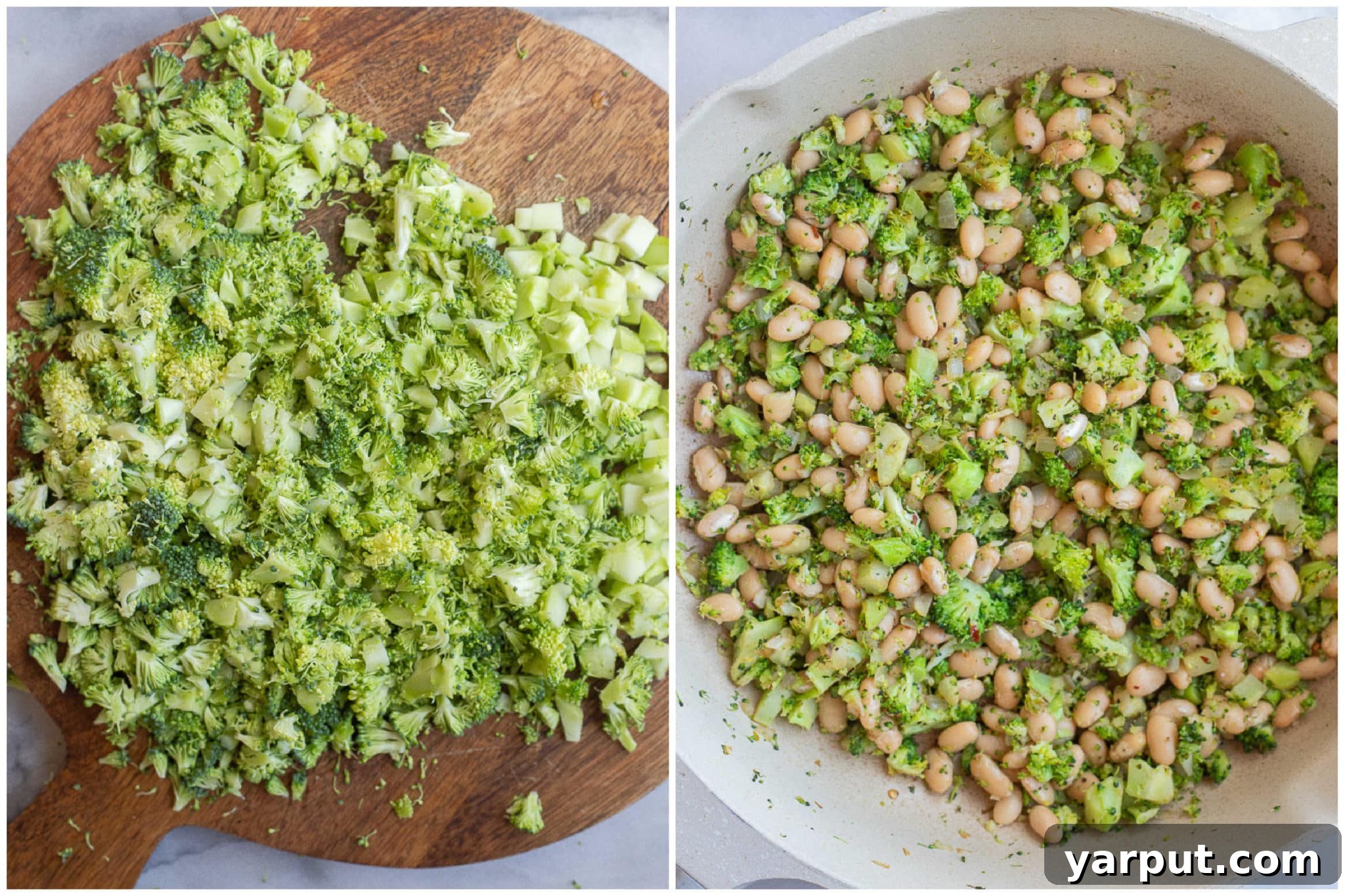 Creamy Broccoli, Cheddar, and White Bean Quesadillas 3 Preparing the flavorful broccoli, onion, garlic, and white bean mixture for this easy vegetarian quesadilla recipe