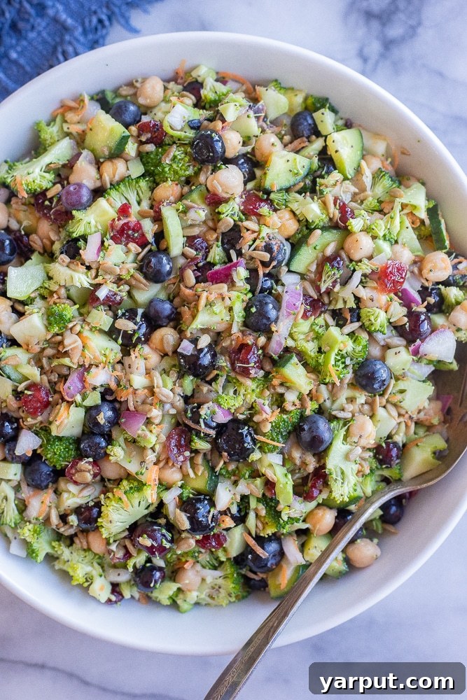 Vibrant Broccoli Blueberry Chickpea Medley 2 Broccoli Blueberry Salad with Chickpeas in a serving bowl with a spoon