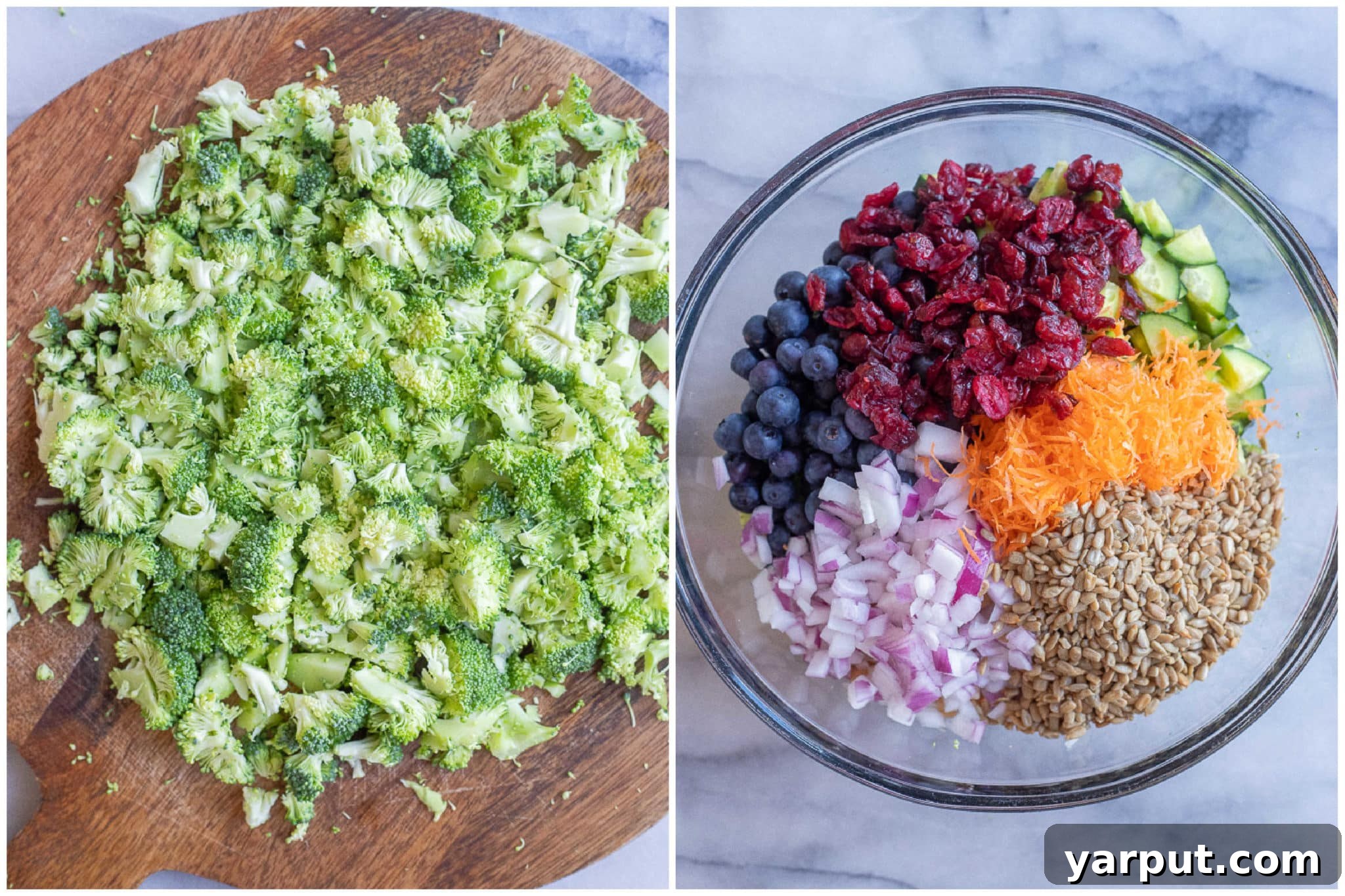 Vibrant Broccoli Blueberry Chickpea Medley 3 chopped broccoli on a cutting board and blueberry salad ingredients in a bowl