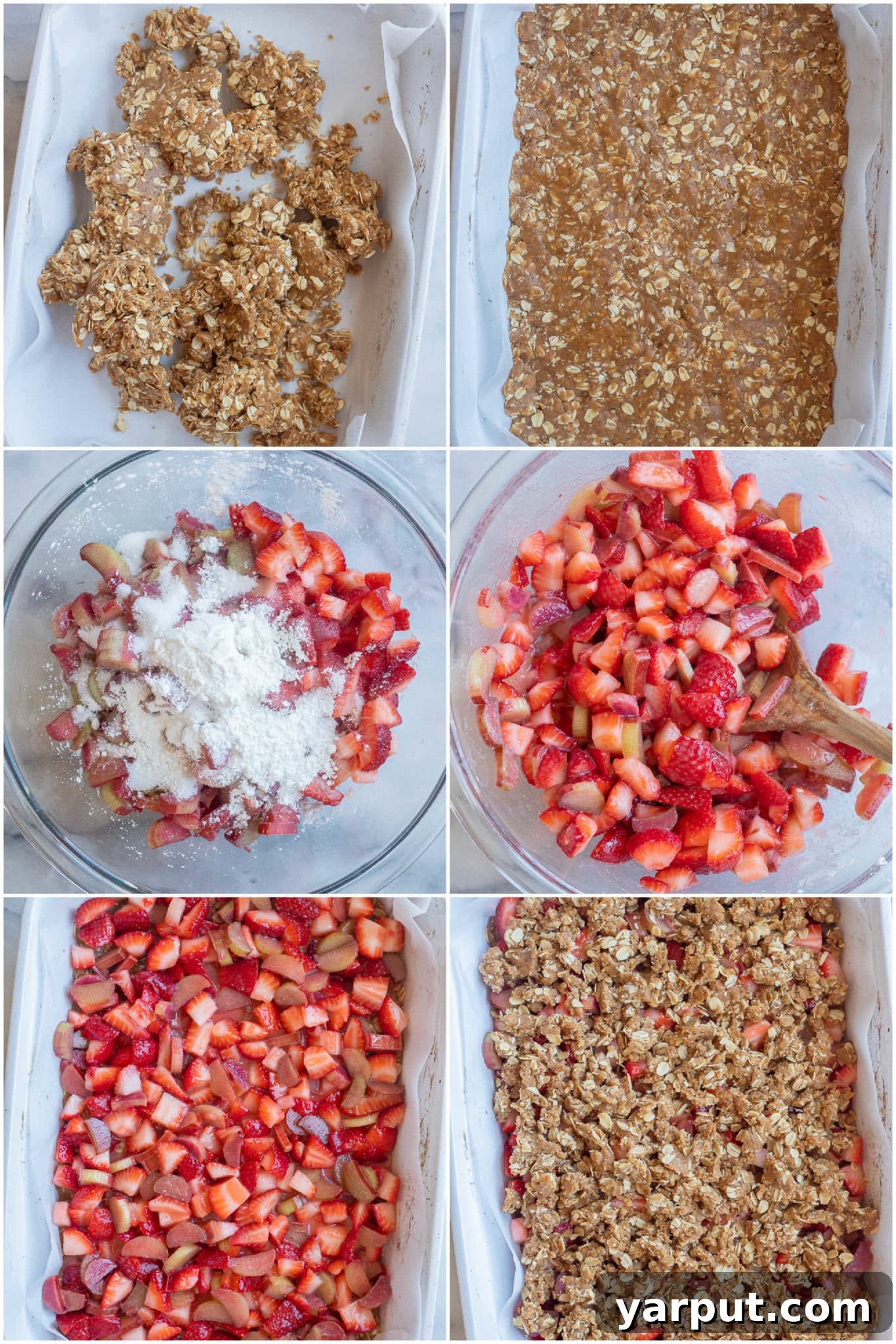 Strawberry Rhubarb Oatmeal Crumb Bars 4 showing step by step how to make these vegan strawberry rhubarb crumb bars