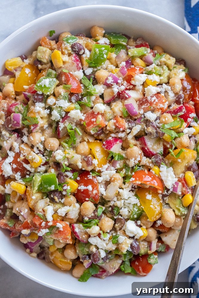 black bean salad recipe with queso fresco in a serving bowl
