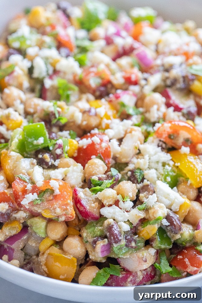 close up of black bean and chickpea salad