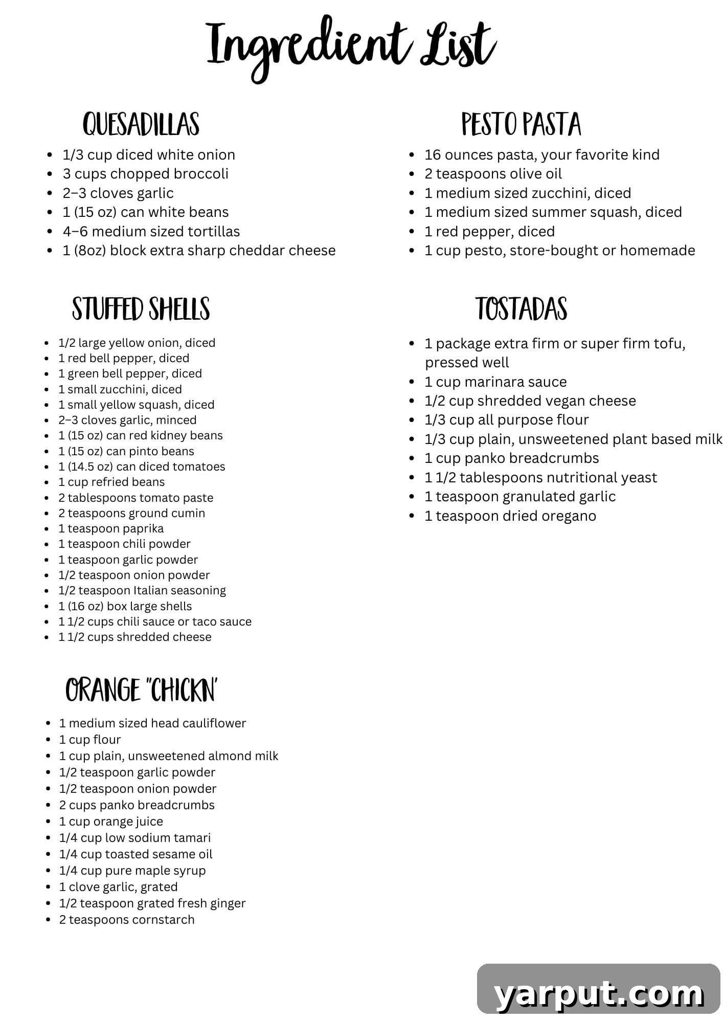 Affordable Vegetarian Meals Week 19 8 Printable grocery ingredient list for the weekly budget-friendly vegetarian meal plan