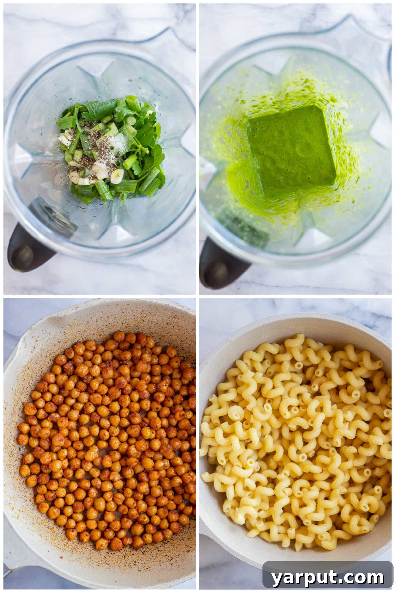 Vibrant Lemon Jalapeno Pasta with Crispy Chickpea Crunch 3 Step-by-step imagery showing ingredients for the herby lemon jalapeno sauce, raw pasta, and seasoned chickpeas in a pan, ready for cooking.