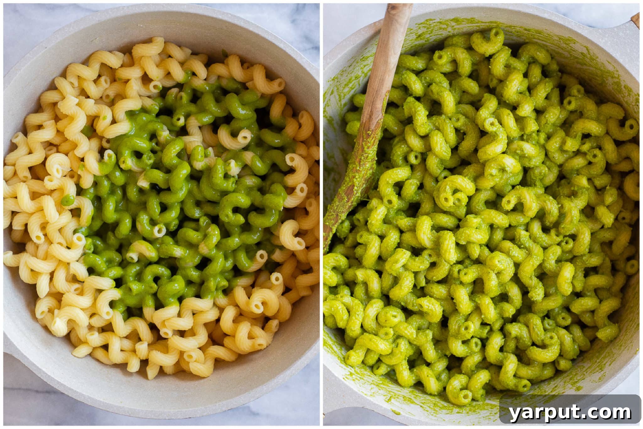 Vibrant Lemon Jalapeno Pasta with Crispy Chickpea Crunch 4 Cooked pasta coated with the creamy herby lemon jalapeno sauce, being mixed in a large pot before toppings are added.