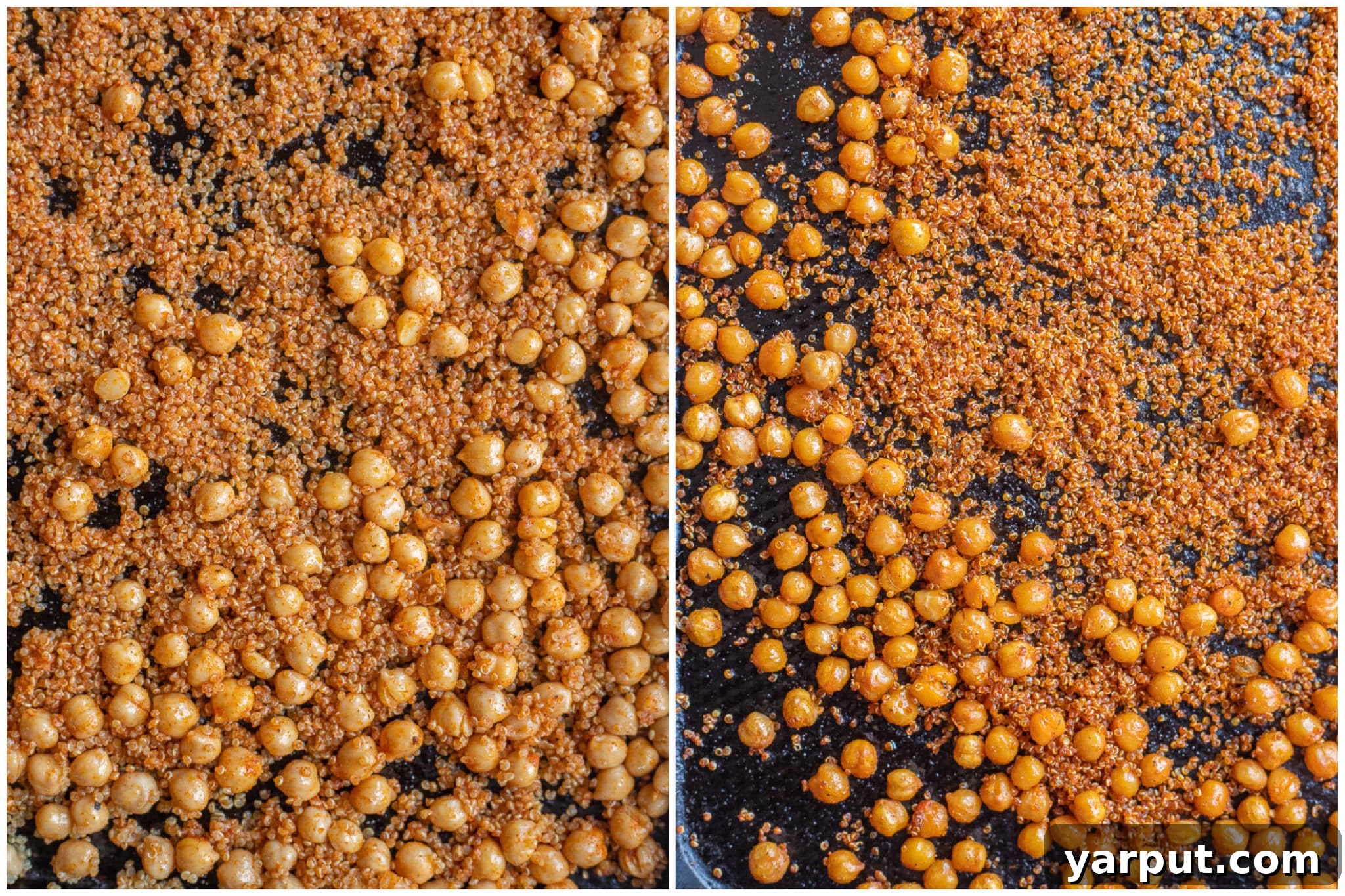 Zesty Ranch Quinoa Crunch Salad 3 Before and after view of roasted quinoa and chickpeas on a baking sheet, showcasing their transformation from soft to crispy.