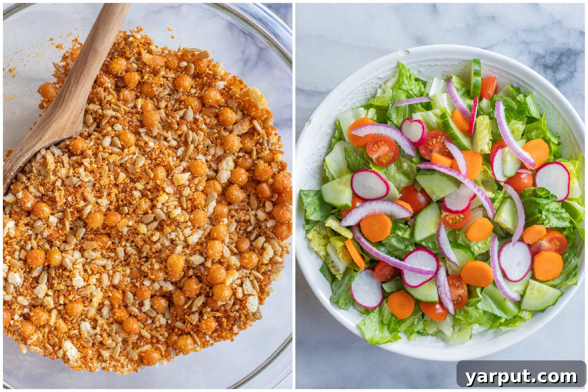 Zesty Ranch Quinoa Crunch Salad 4 A close-up of the crunchy topping mixture mixed with crisp romaine lettuce and various chopped vegetables, ready for dressing.