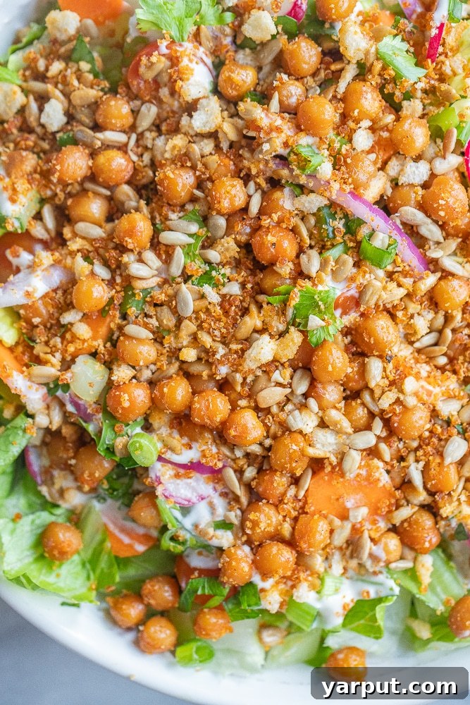 Zesty Ranch Quinoa Crunch Salad 5 Close-up of the Crunchy Ranch Salad with crispy quinoa and chickpeas, showing the vibrant textures and colors.