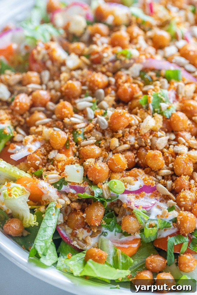 Zesty Ranch Quinoa Crunch Salad 6 Close-up of a bowl of Crunchy Ranch Salad with crispy chickpeas prominently featured, highlighting the textures.