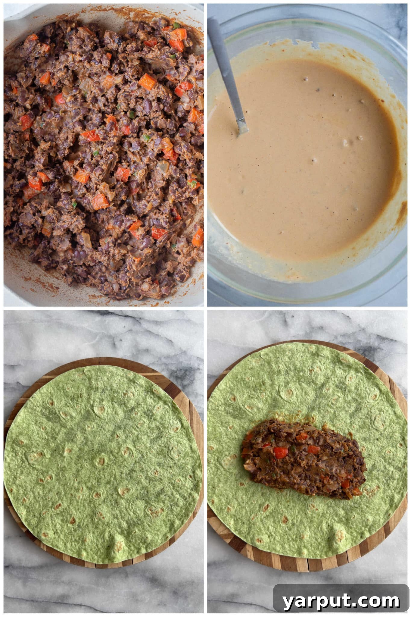 Smoky Chipotle Tahini Black Bean Wraps 3 Step-by-step assembly of easy vegan black bean wraps, highlighting the fresh ingredients and creamy chipotle tahini sauce.