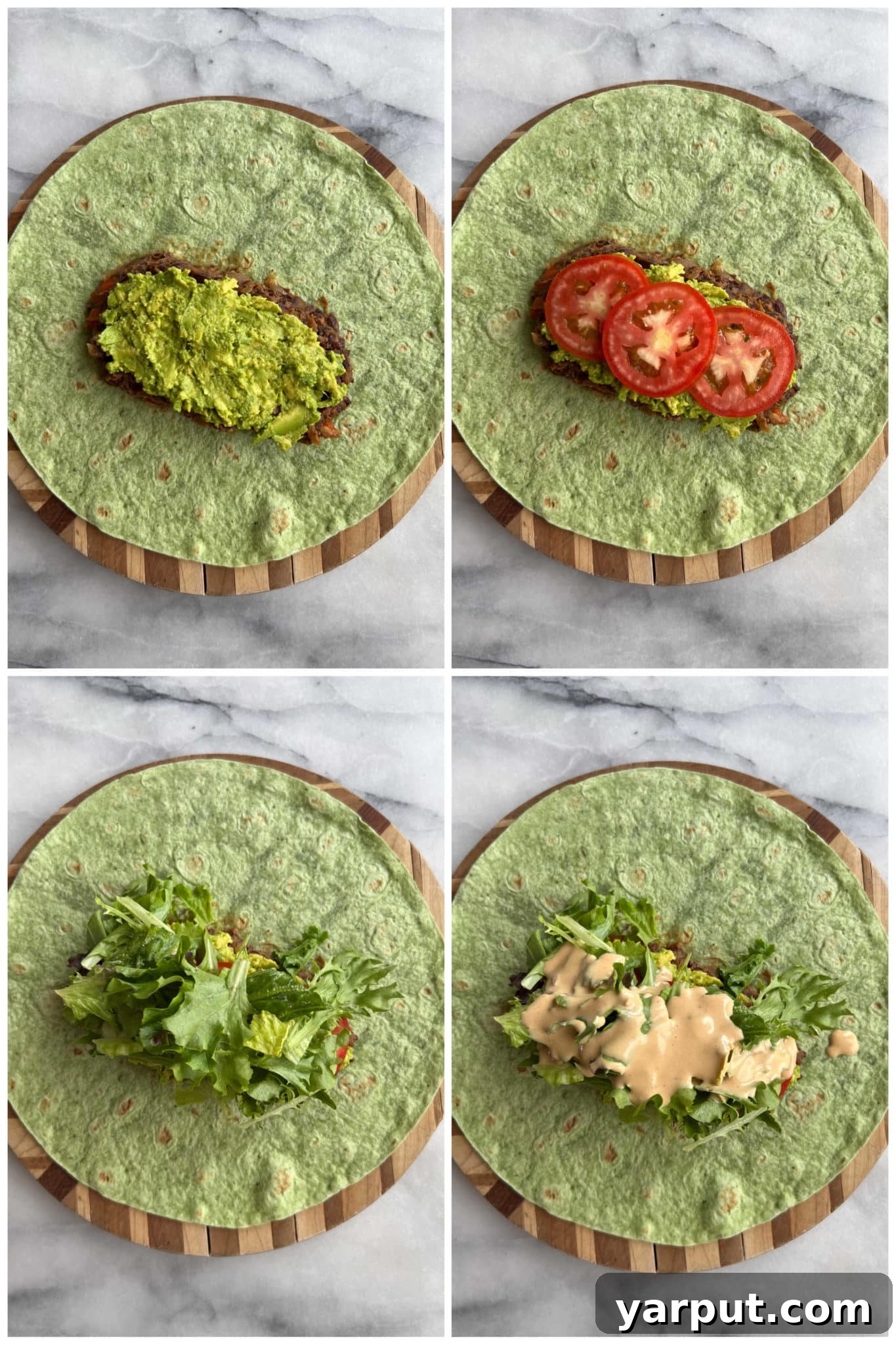 Smoky Chipotle Tahini Black Bean Wraps 4 A series of step-by-step photos illustrating the process of making vegan black bean wraps, from cooking the beans to adding fresh avocado, tomato, and lettuce.
