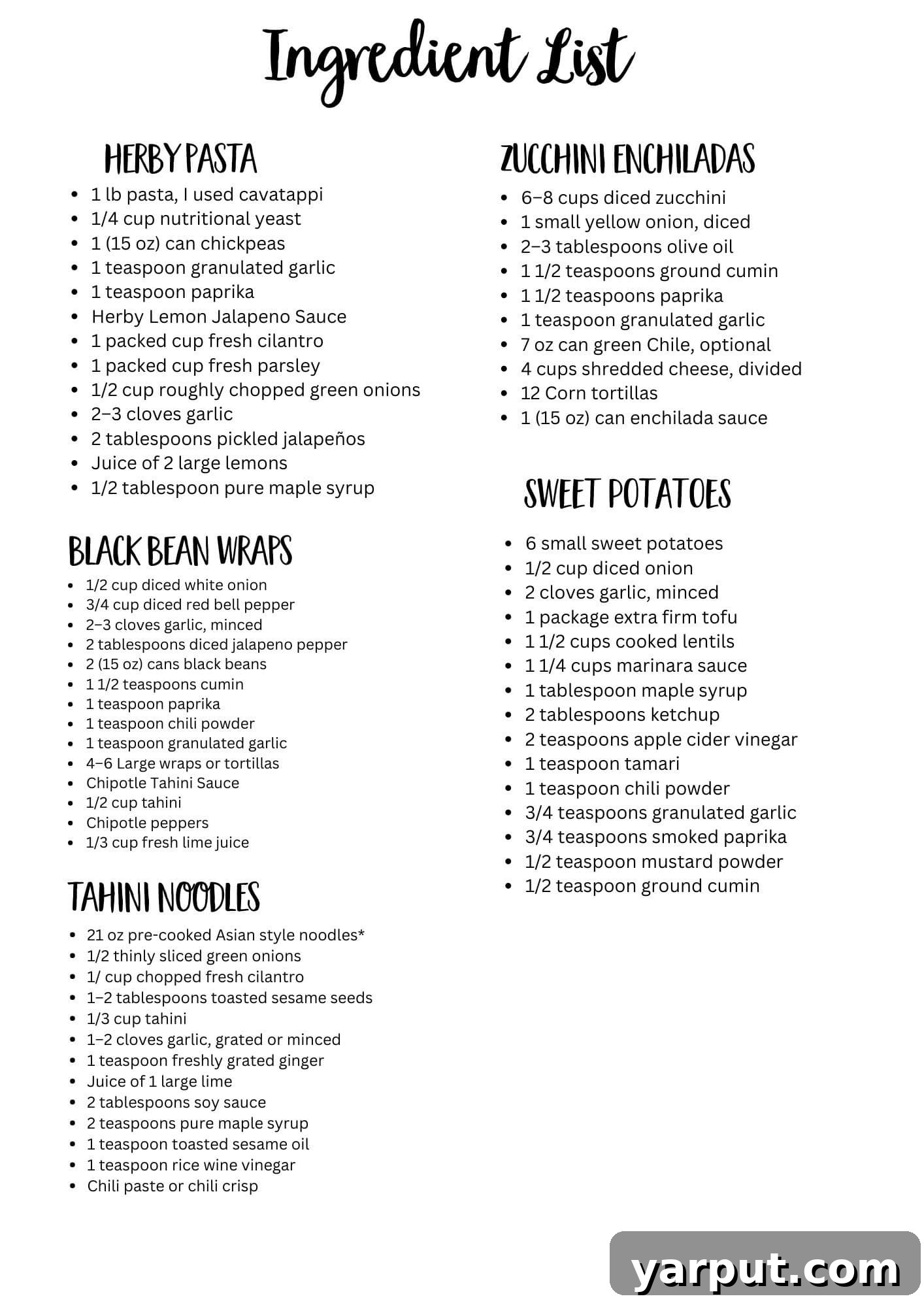 Eat Well, Spend Less: Week 20 Meal Plan 8 A clear, organized printable ingredient list for a week of budget-friendly vegetarian meals, ready to be checked off.
