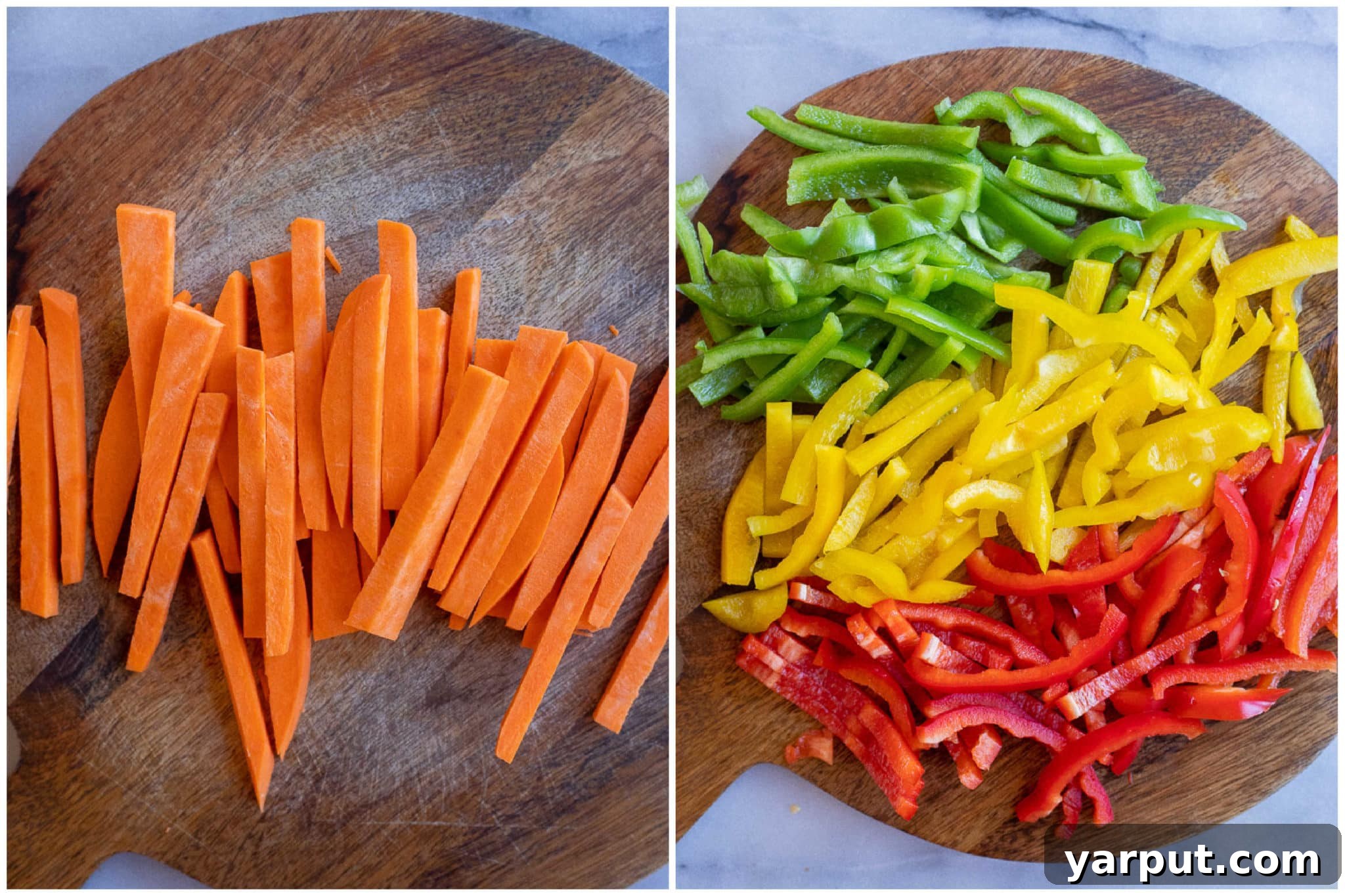One-Pan Sweet Potato Black Bean Fajitas 3 Beautifully sliced sweet potatoes and colorful red, green, and yellow bell peppers arranged on a cutting board, ready for the sheet pan.