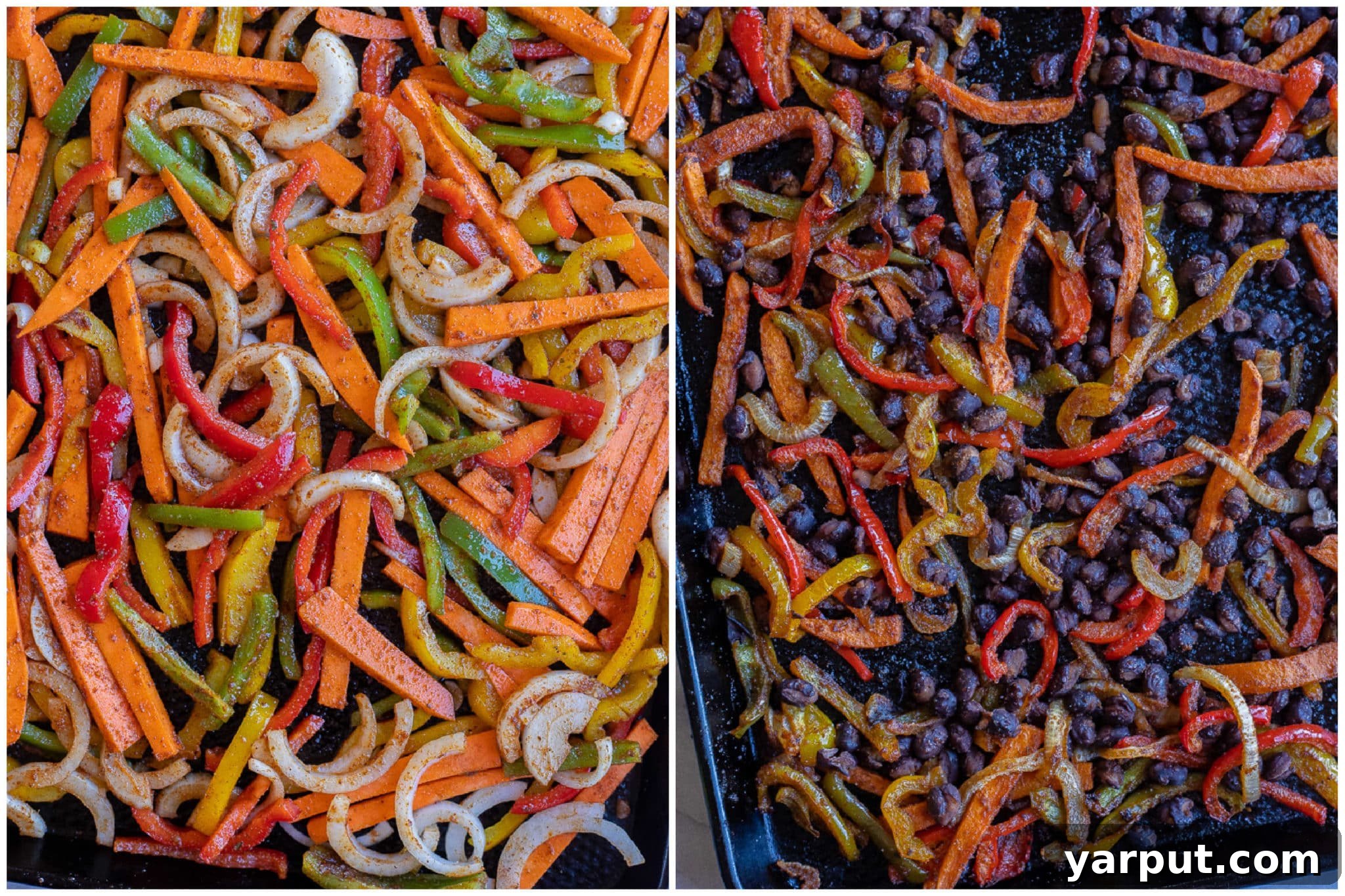 One-Pan Sweet Potato Black Bean Fajitas 4 A sheet pan with colorful sweet potato and black bean fajita mixture, showing the raw ingredients before baking and the beautifully roasted result after cooking.