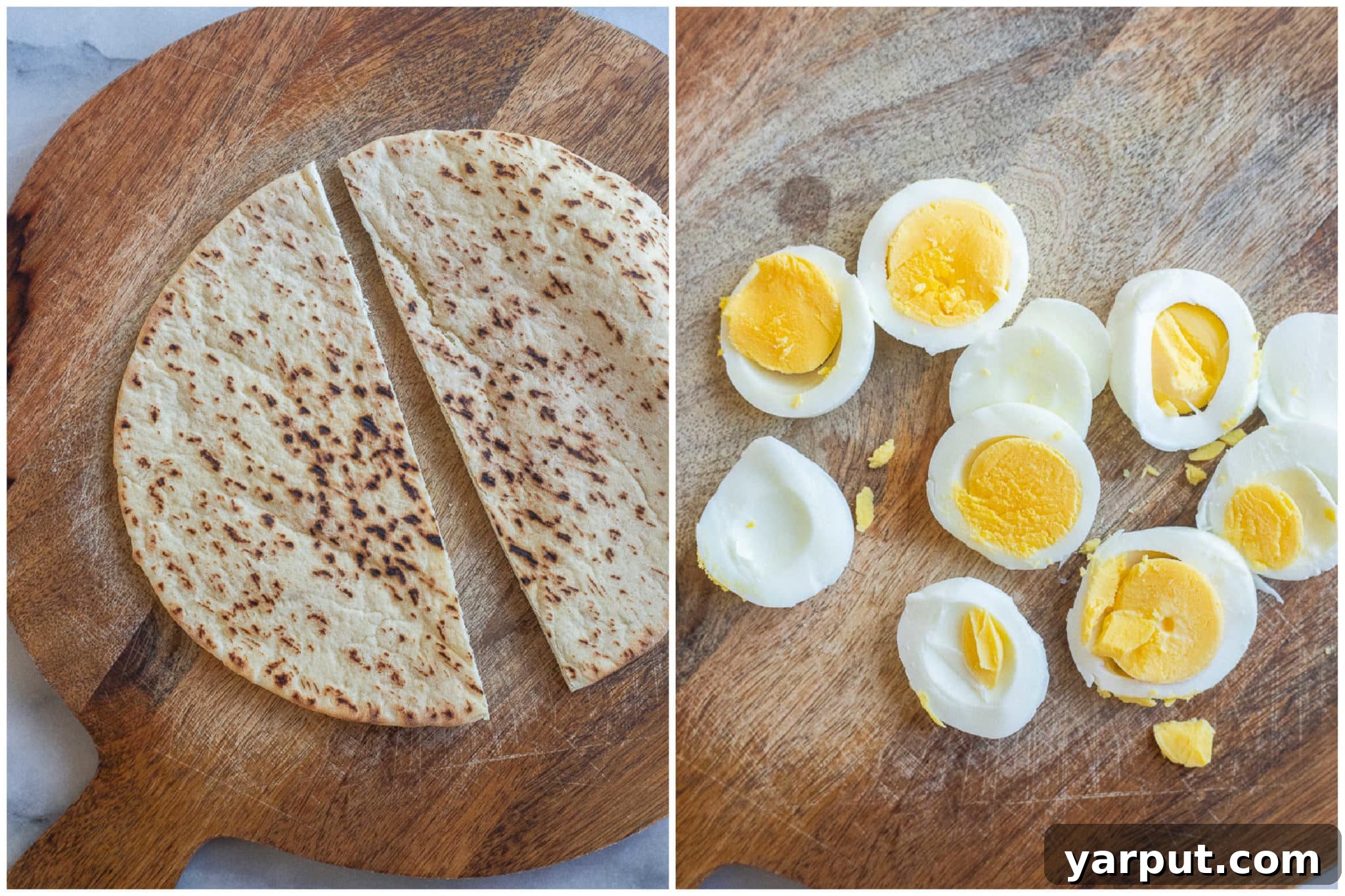 Veggie Morning Pockets 3 pita bread sliced in half and hard boiled eggs sliced into pieces