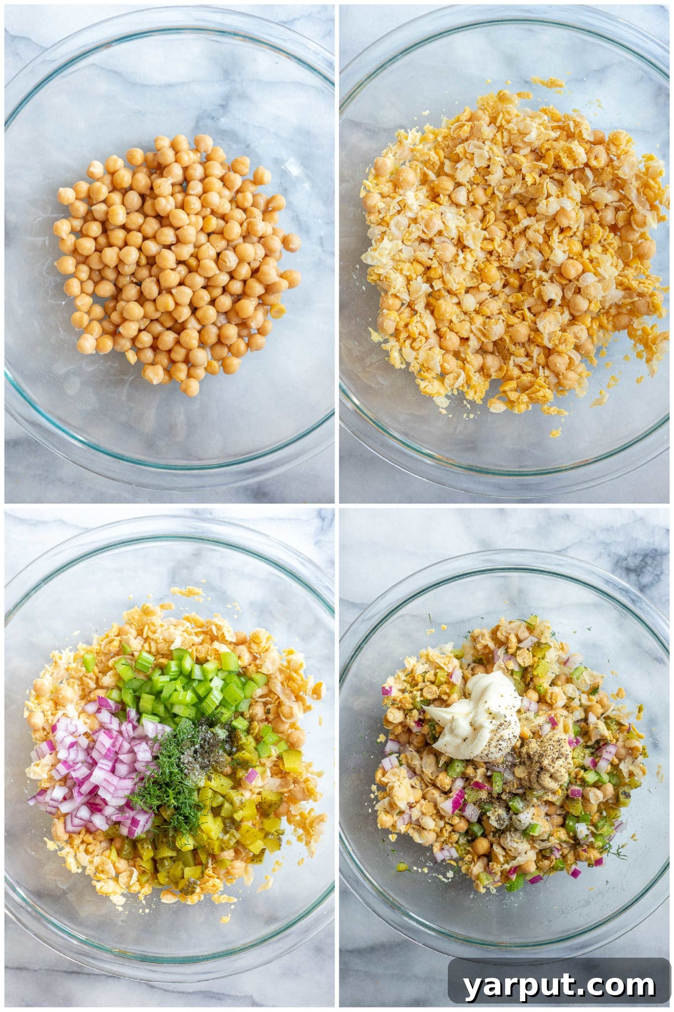 A step-by-step image showing how to prepare vegan tuna salad using a base of mashed chickpeas mixed with fresh vegetables like celery, red onion, and dill pickles, along with creamy dressing ingredients. This visual guide highlights the ease of creating the plant-based filling.