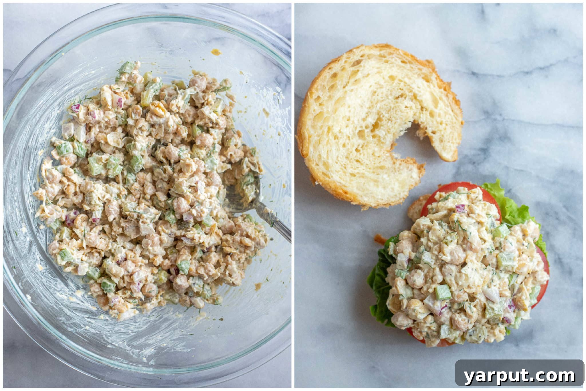 A visual guide demonstrating how to assemble a vegetarian tuna salad croissant sandwich, layering a generous scoop of the chickpea mixture onto a sliced croissant, ready for additional toppings and enjoyment. This image emphasizes the simple construction process.