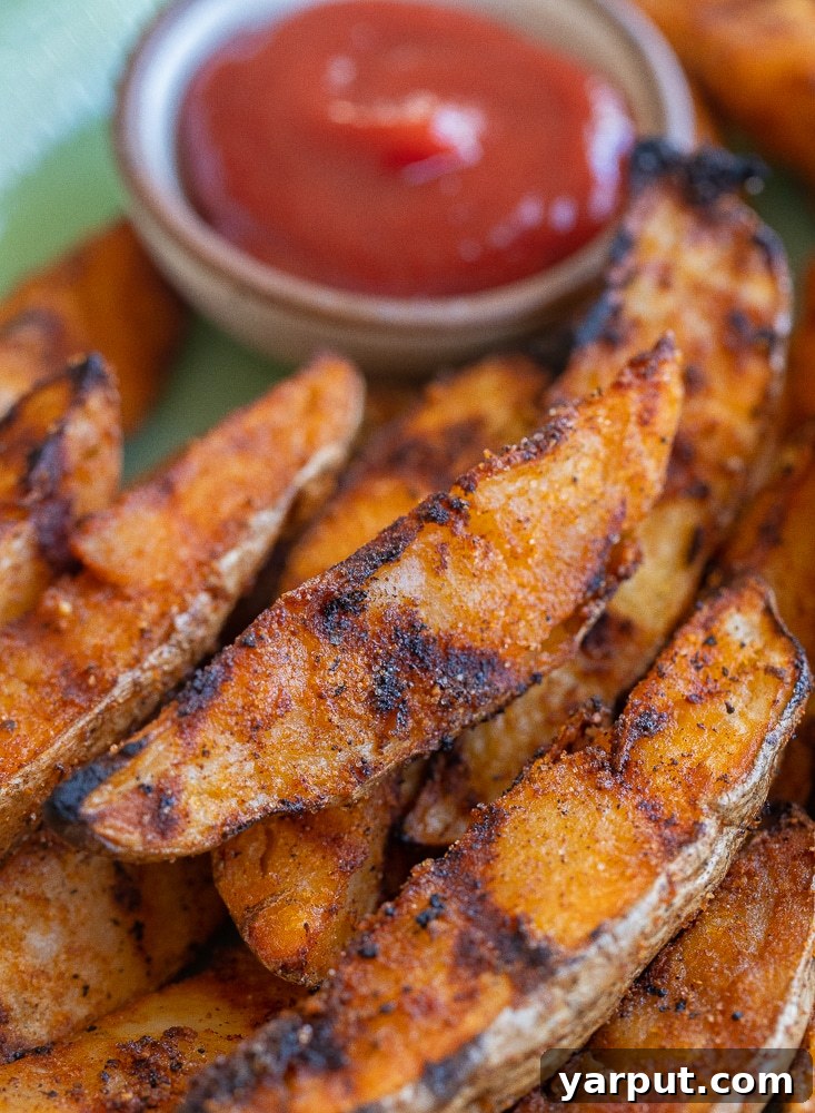 close up of a grilled potato wedge on a plate