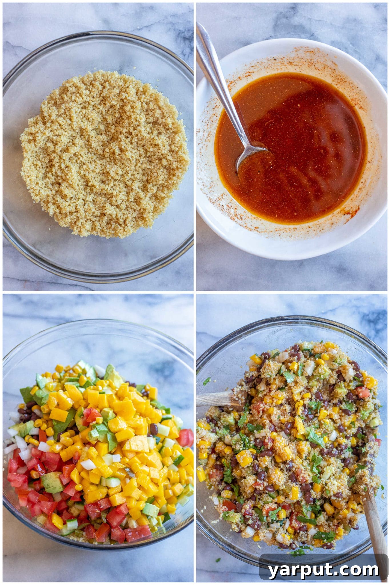 Fiesta Mango Black Bean Quinoa Salad 3 Showing the step-by-step process of making a black bean quinoa salad with an abundance of fresh vegetables and a zesty lime dressing.
