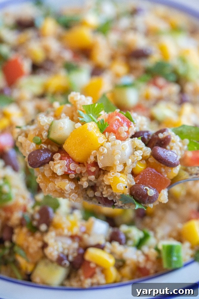 Fiesta Mango Black Bean Quinoa Salad 5 A spoon holding a perfect spoonful of the colorful black bean quinoa salad, ready to be enjoyed.