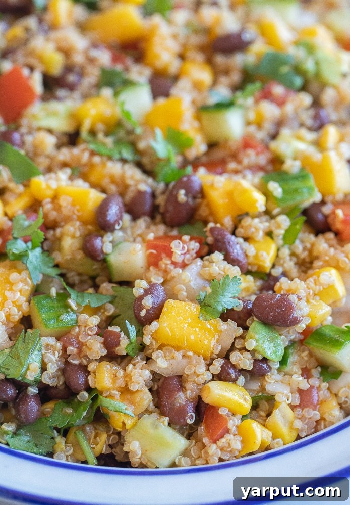 Fiesta Mango Black Bean Quinoa Salad 6 A close-up of a vibrant Southwestern quinoa salad in a bowl, showcasing a medley of fresh ingredients.